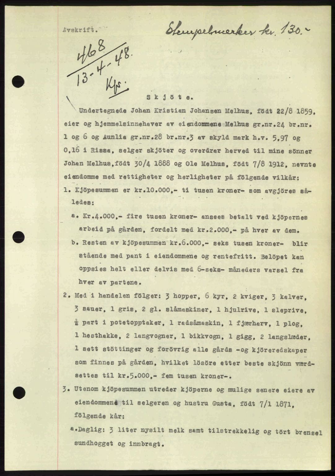 Fosen sorenskriveri, AV/SAT-A-1107/1/2/2C: Mortgage book no. A7-9, 1947-1949, Diary no: : 468/1948