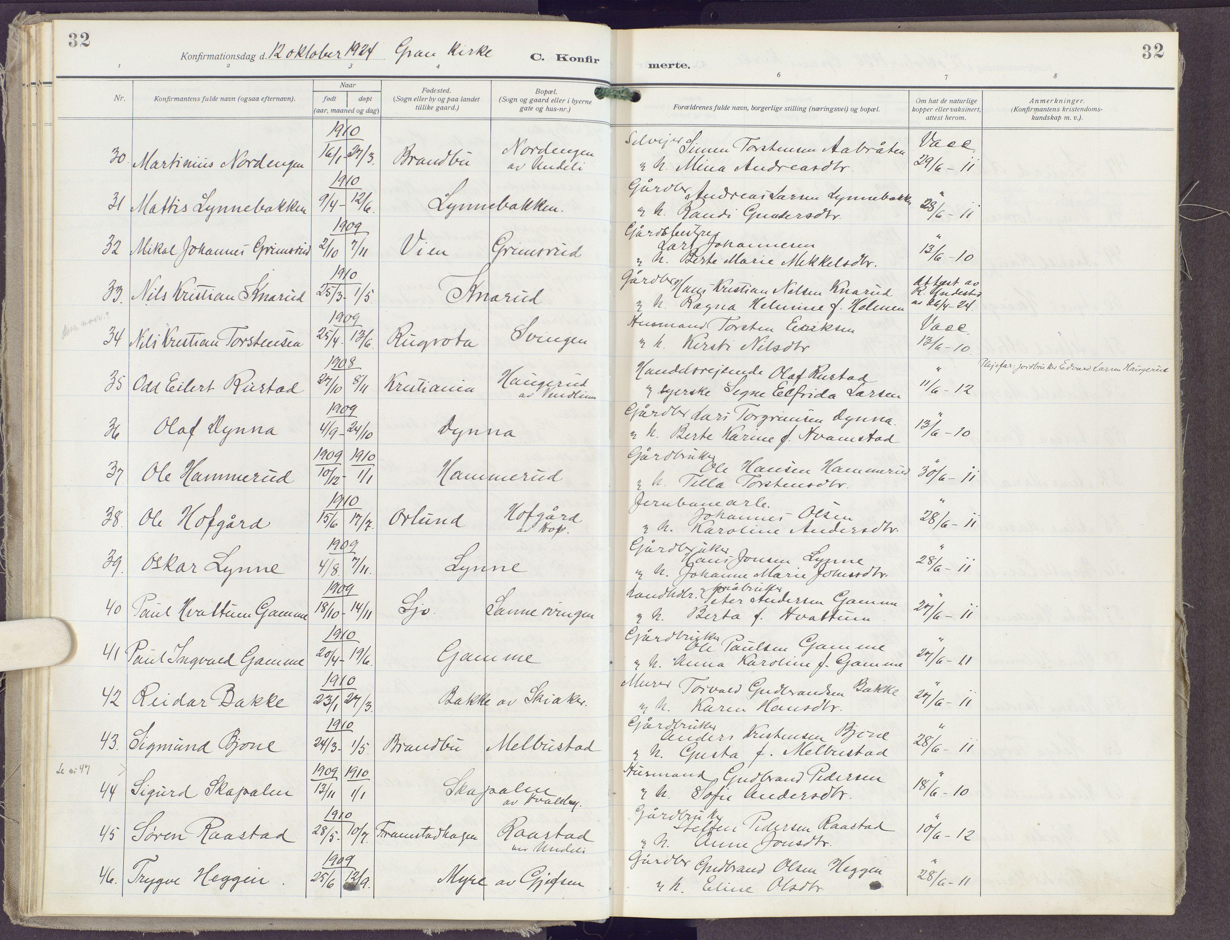 Gran prestekontor, AV/SAH-PREST-112/H/Ha/Haa/L0023: Parish register (official) no. 23, 1919-1938, p. 32