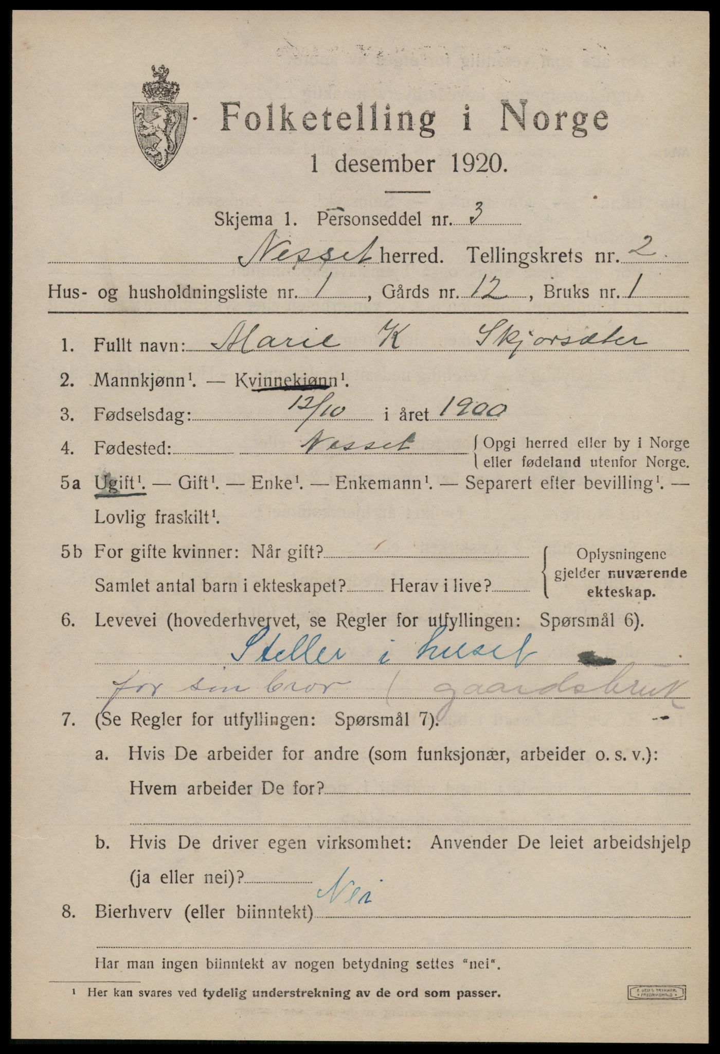 SAT, 1920 census for Nesset, 1920, p. 994