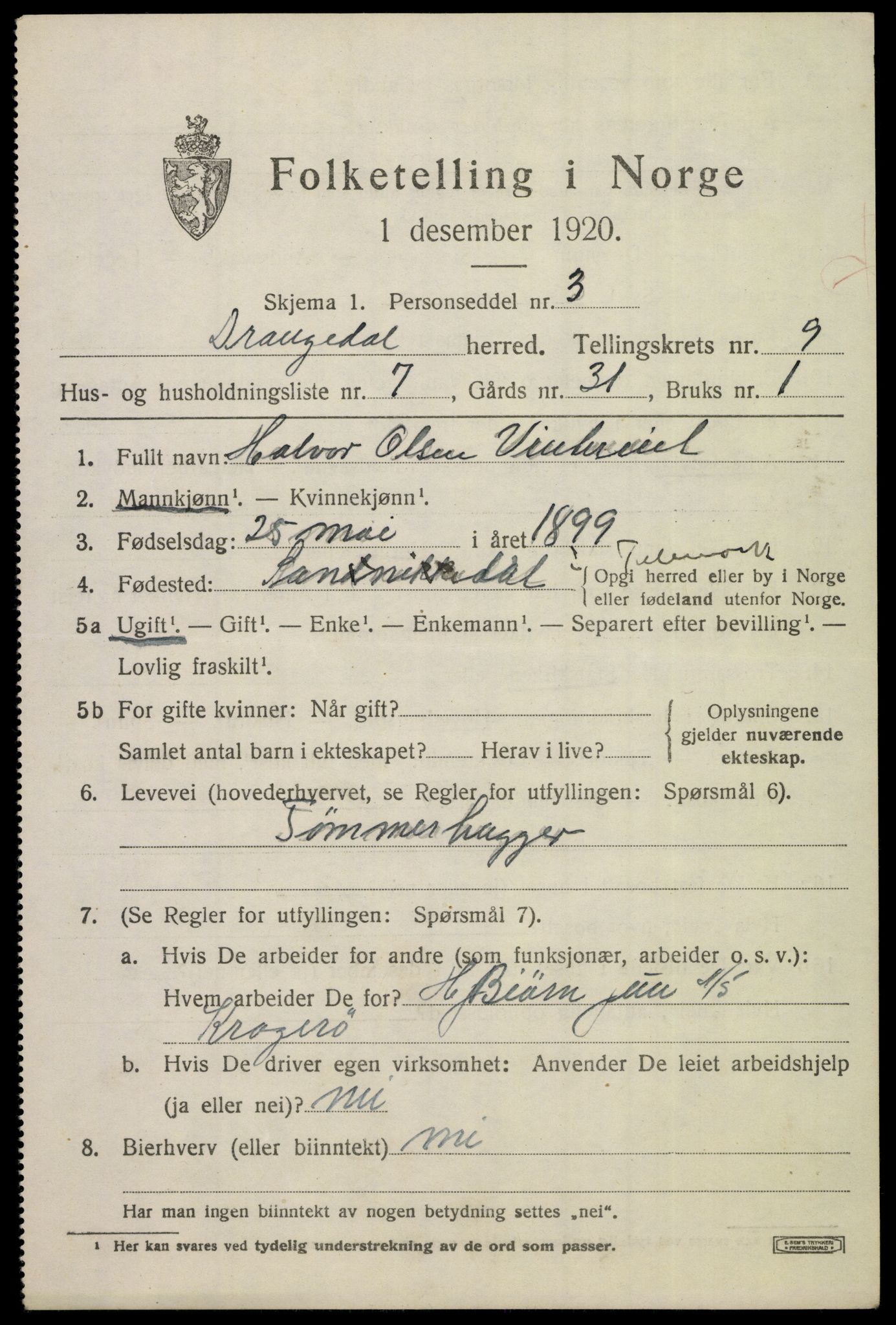 SAKO, 1920 census for Drangedal, 1920, p. 6137