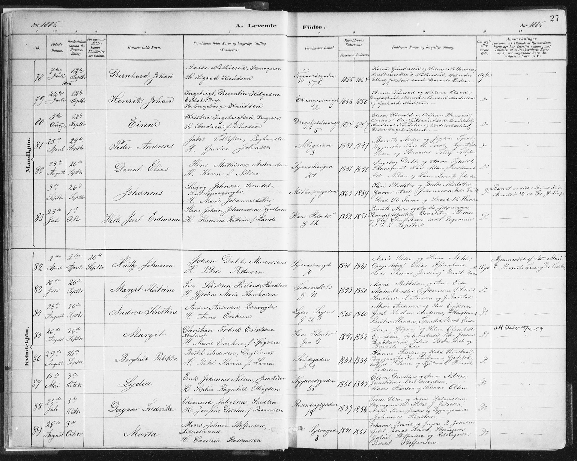 Johanneskirken sokneprestembete, AV/SAB-A-76001/H/Haa/L0001: Parish register (official) no. A 1, 1885-1900, p. 27