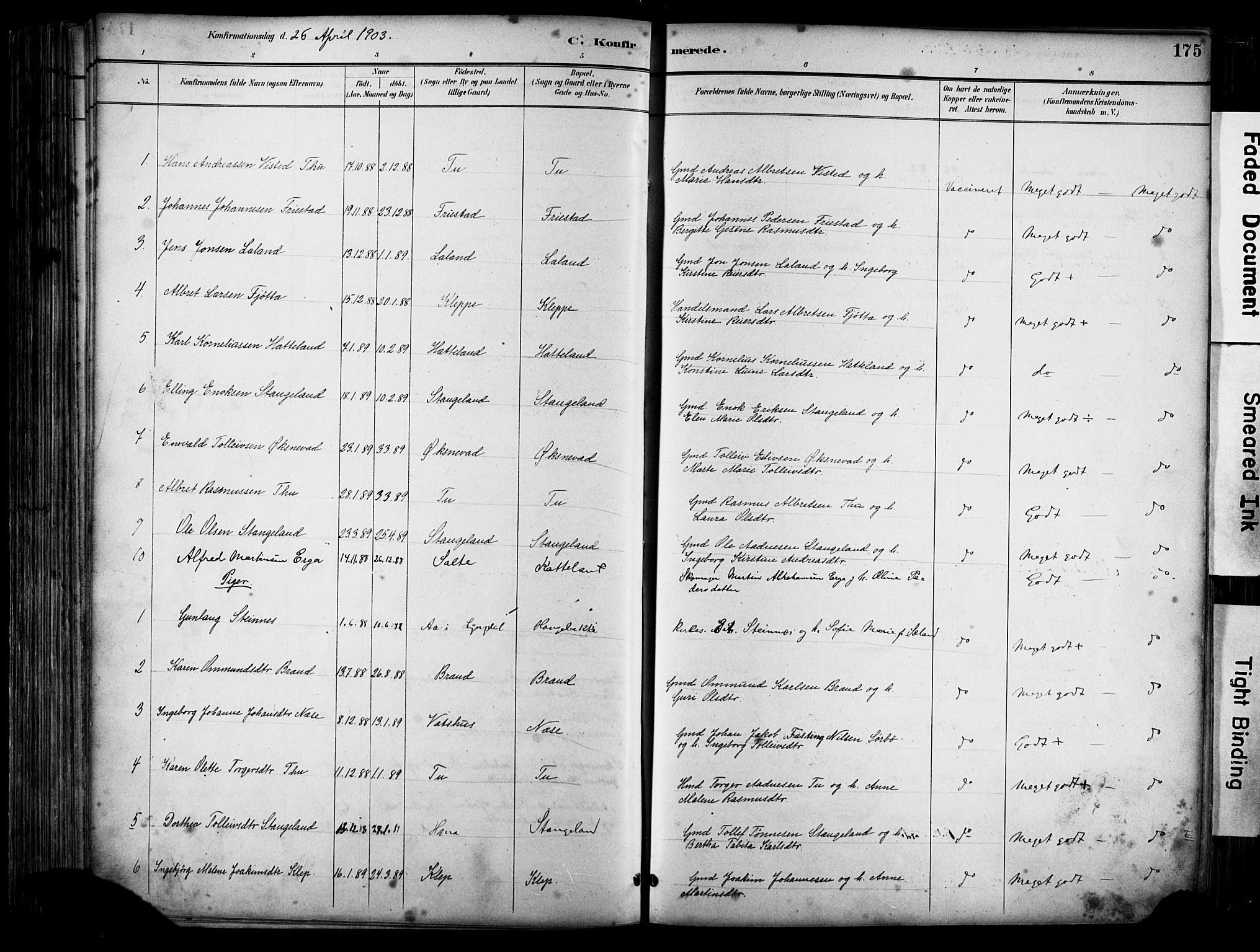 Klepp sokneprestkontor, AV/SAST-A-101803/001/3/30BA/L0009: Parish register (official) no. A 7, 1886-1915, p. 175