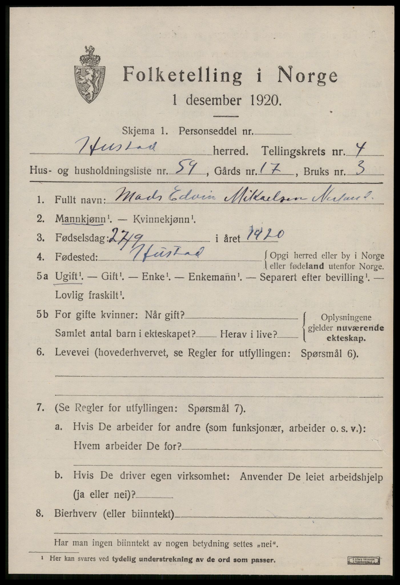 SAT, 1920 census for Hustad, 1920, p. 3587