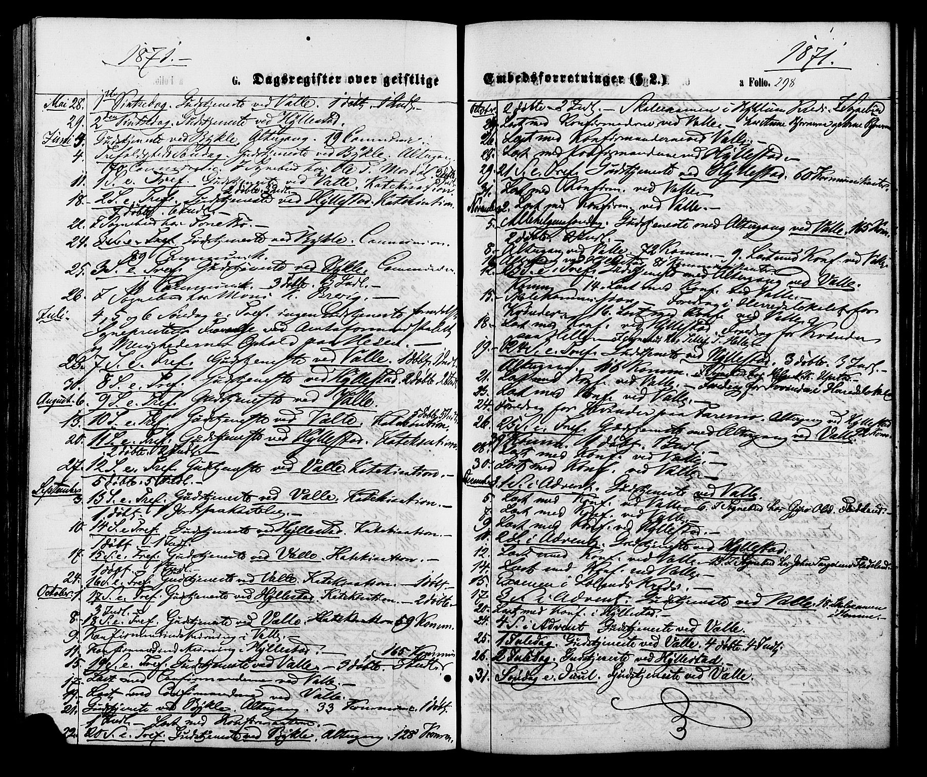 Valle sokneprestkontor, AV/SAK-1111-0044/F/Fa/Fac/L0008: Parish register (official) no. A 8, 1868-1882, p. 298