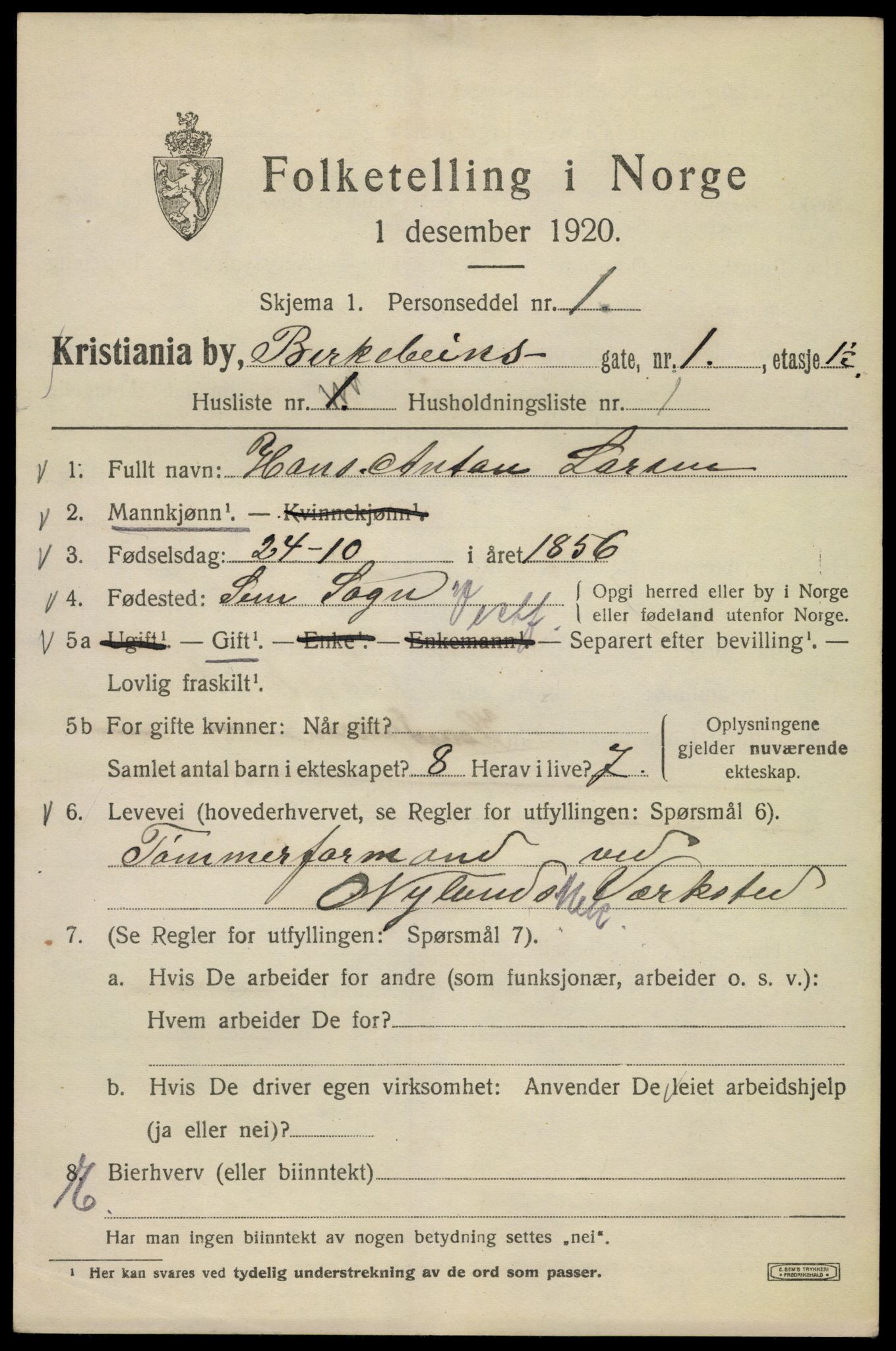 SAO, 1920 census for Kristiania, 1920, p. 155985