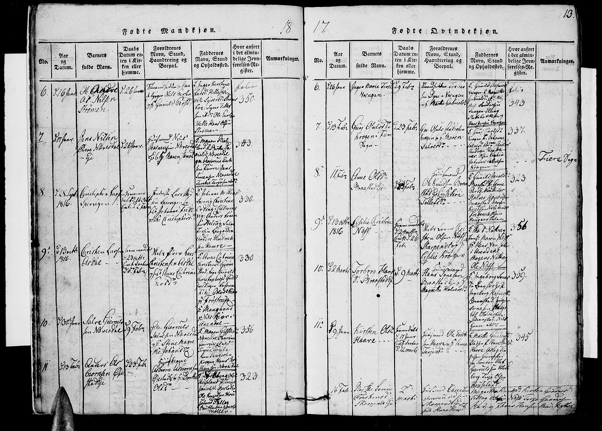 Øyestad sokneprestkontor, AV/SAK-1111-0049/F/Fb/L0003: Parish register (copy) no. B 3, 1816-1827, p. 13