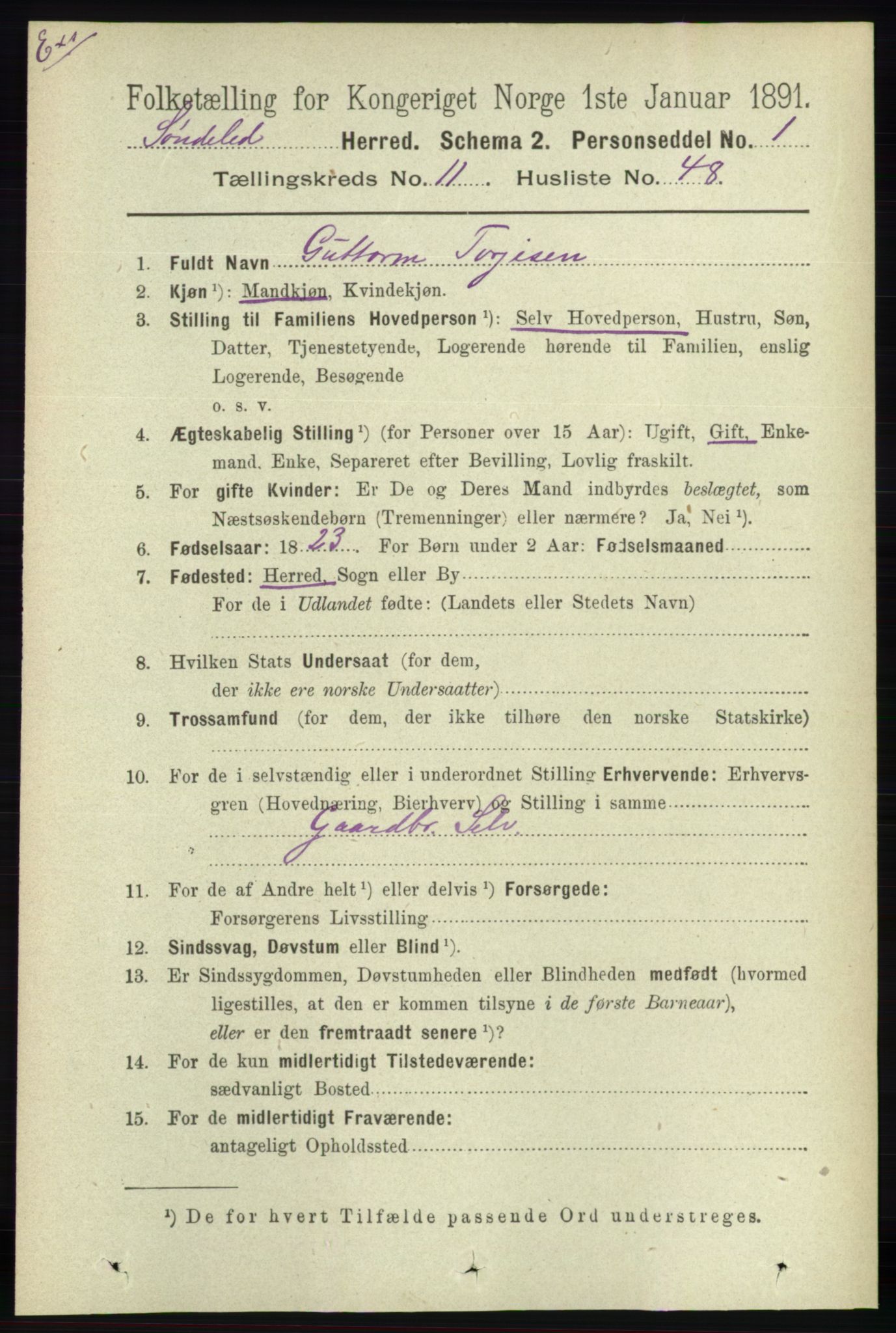 RA, Census 1891 for Nedenes amt: Gjenparter av personsedler for beslektede ektefeller, menn, 1891, p. 157