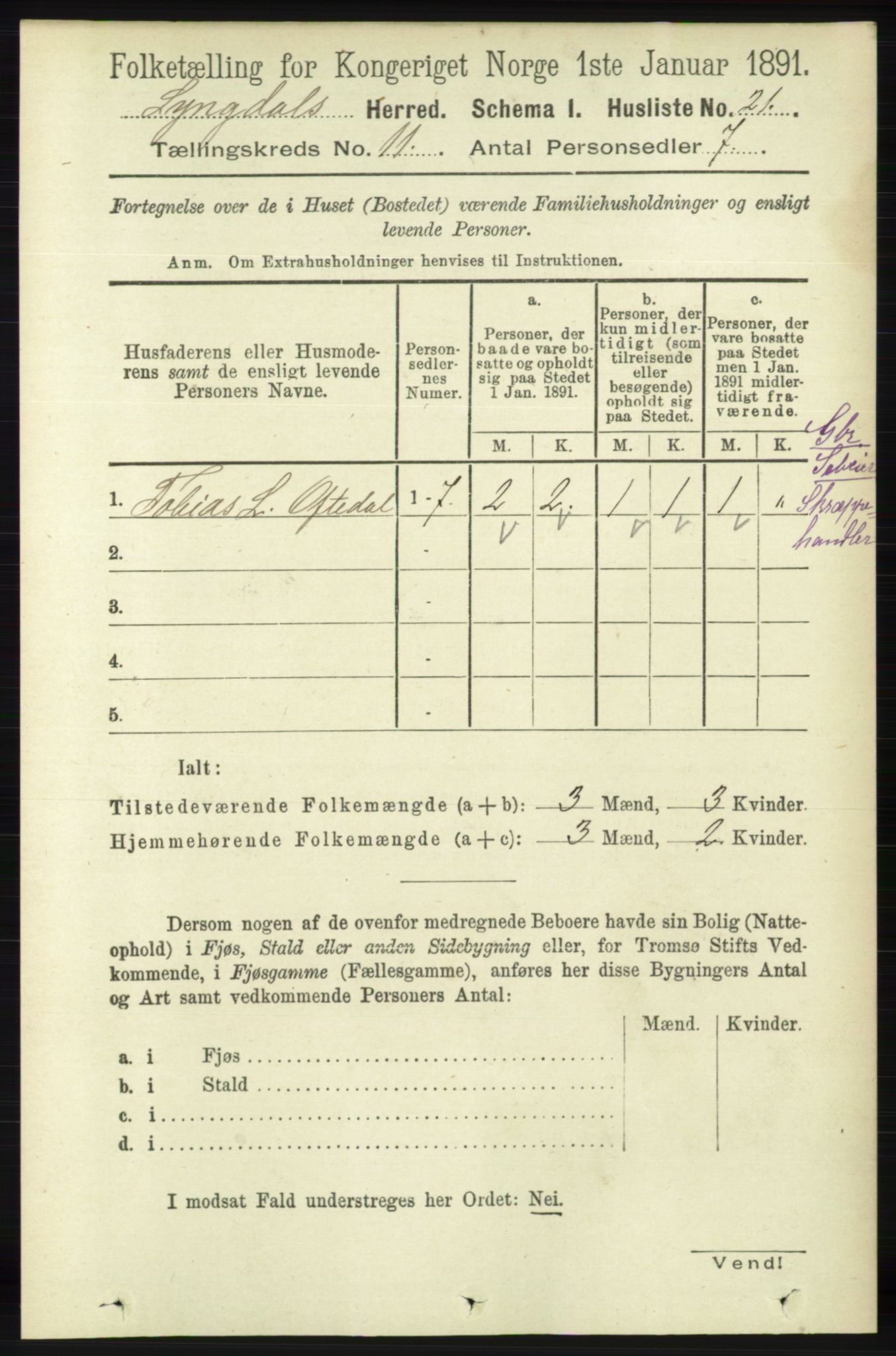 RA, 1891 census for 1032 Lyngdal, 1891, p. 4753