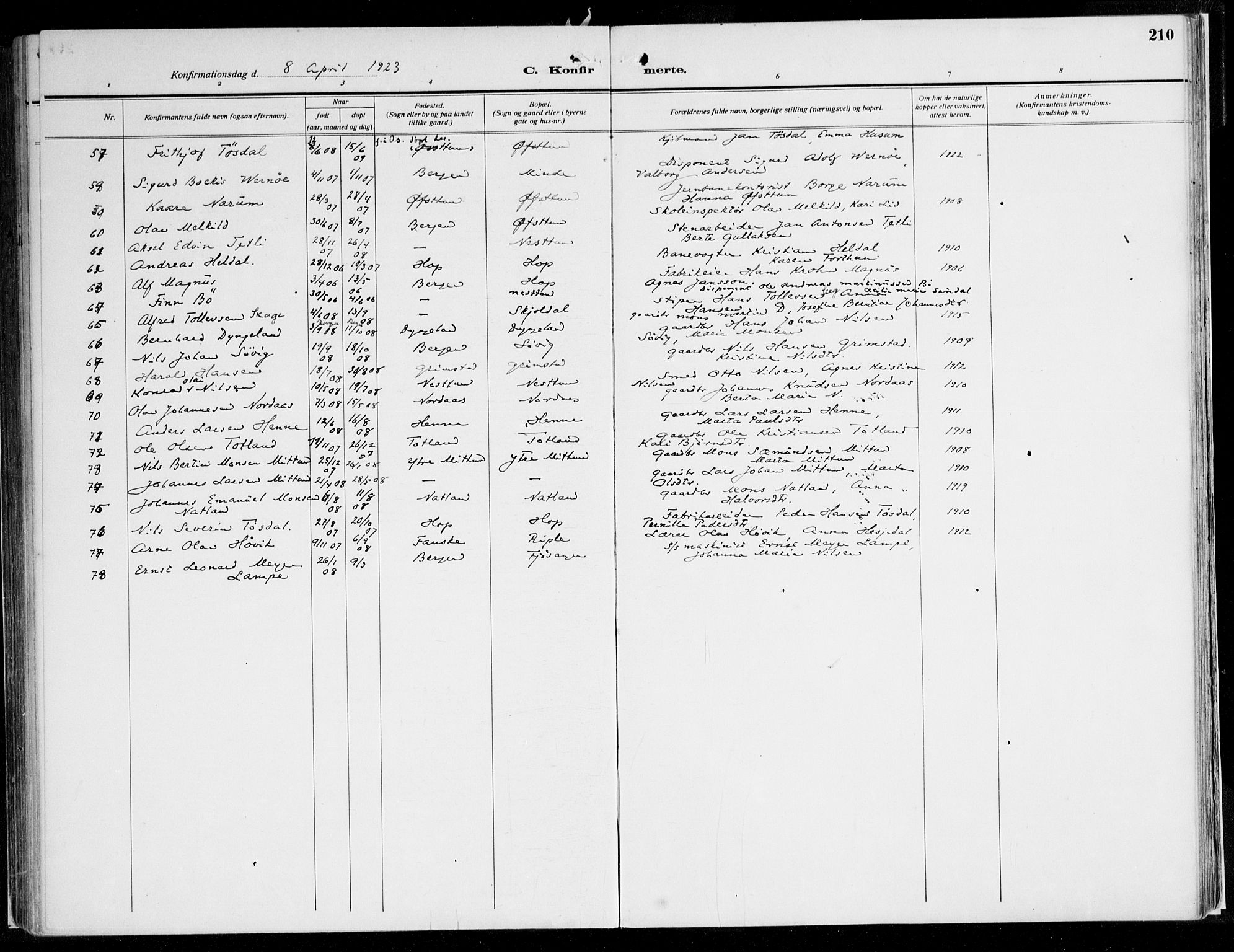 Fana Sokneprestembete, AV/SAB-A-75101/H/Haa/Haaj/L0001: Parish register (official) no. J 1, 1921-1935, p. 210