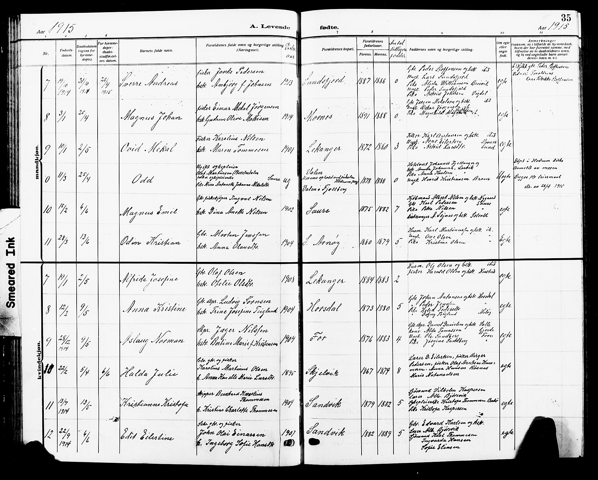 Ministerialprotokoller, klokkerbøker og fødselsregistre - Nordland, AV/SAT-A-1459/805/L0110: Parish register (copy) no. 805C06, 1909-1924, p. 35