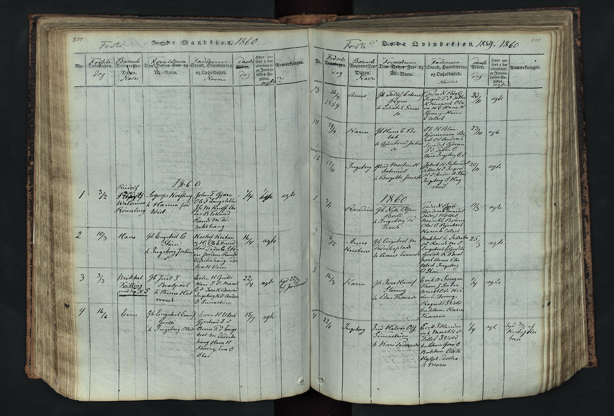 Kvikne prestekontor, SAH/PREST-064/H/Ha/Hab/L0001: Parish register (copy) no. 1, 1815-1895, p. 307-308