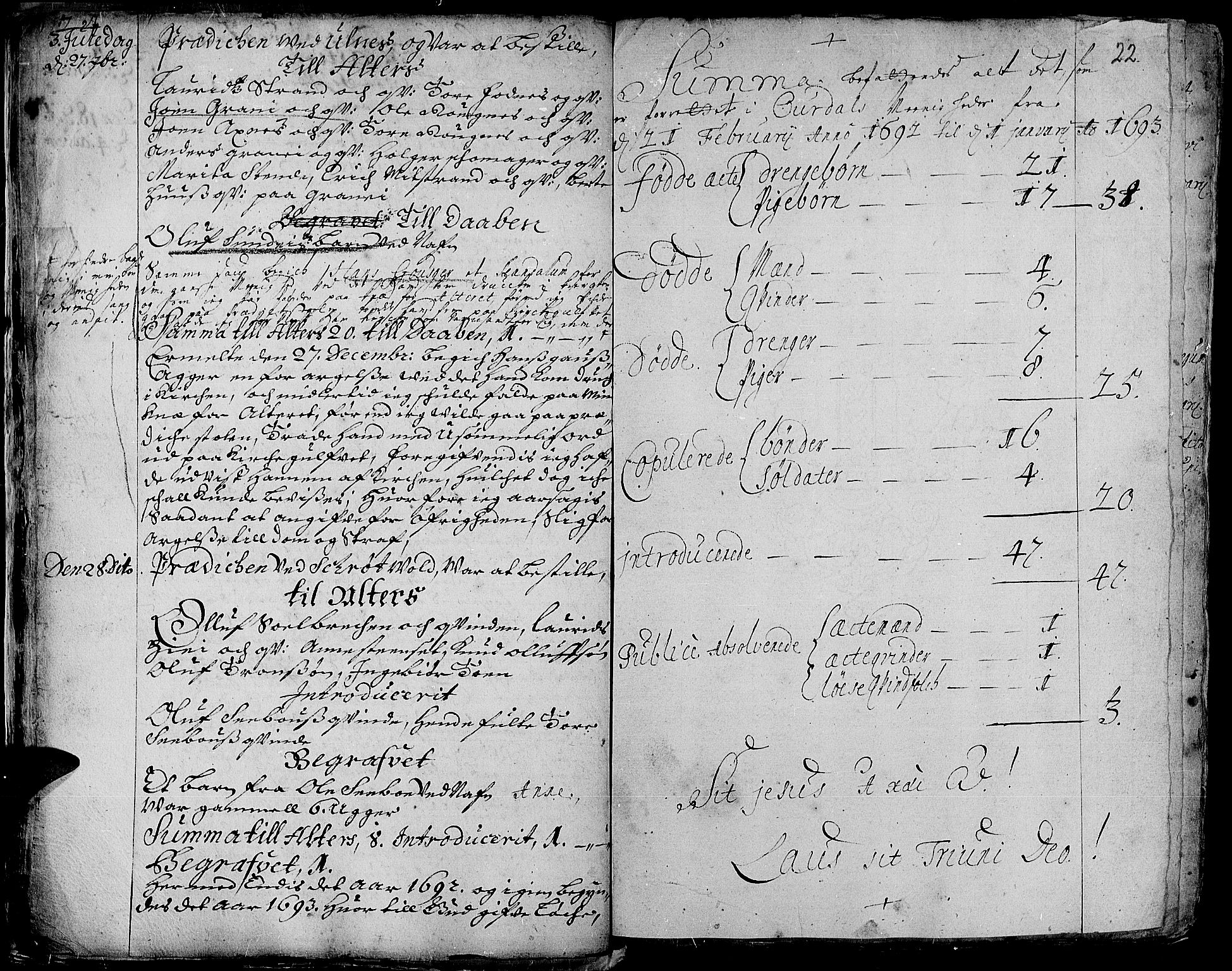 Aurdal prestekontor, SAH/PREST-126/H/Ha/Haa/L0001: Parish register (official) no. 1-3, 1692-1730, p. 22