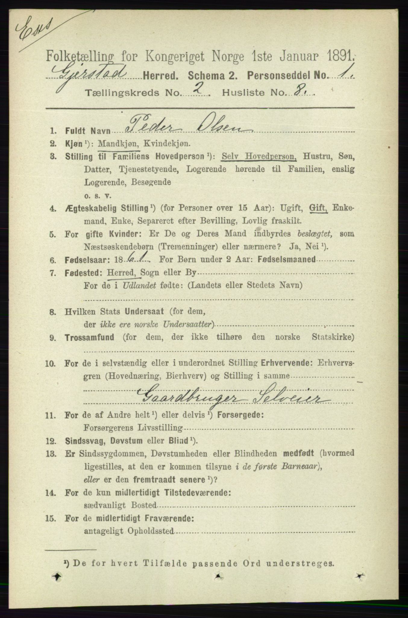 RA, Census 1891 for Nedenes amt: Gjenparter av personsedler for beslektede ektefeller, menn, 1891, p. 42