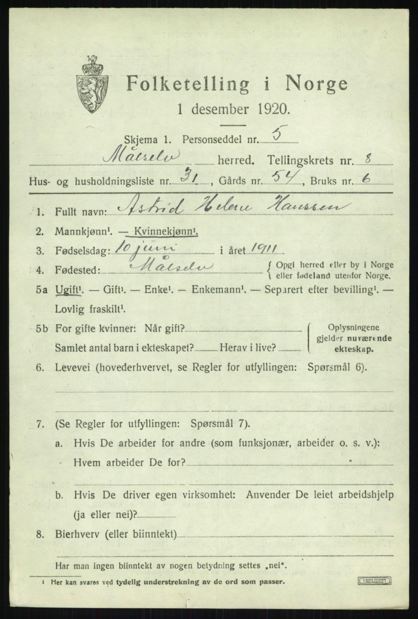 SATØ, 1920 census for Målselv, 1920, p. 5257