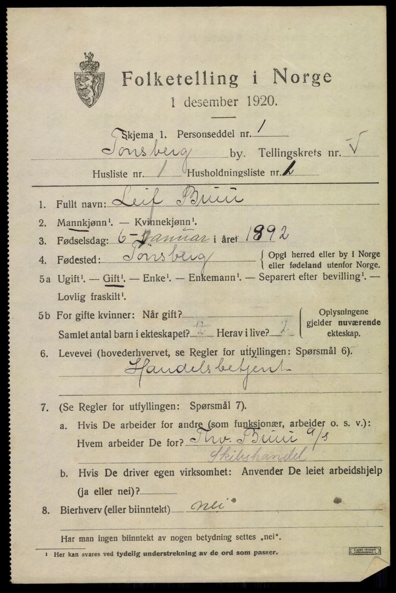 SAKO, 1920 census for Tønsberg, 1920, p. 13131