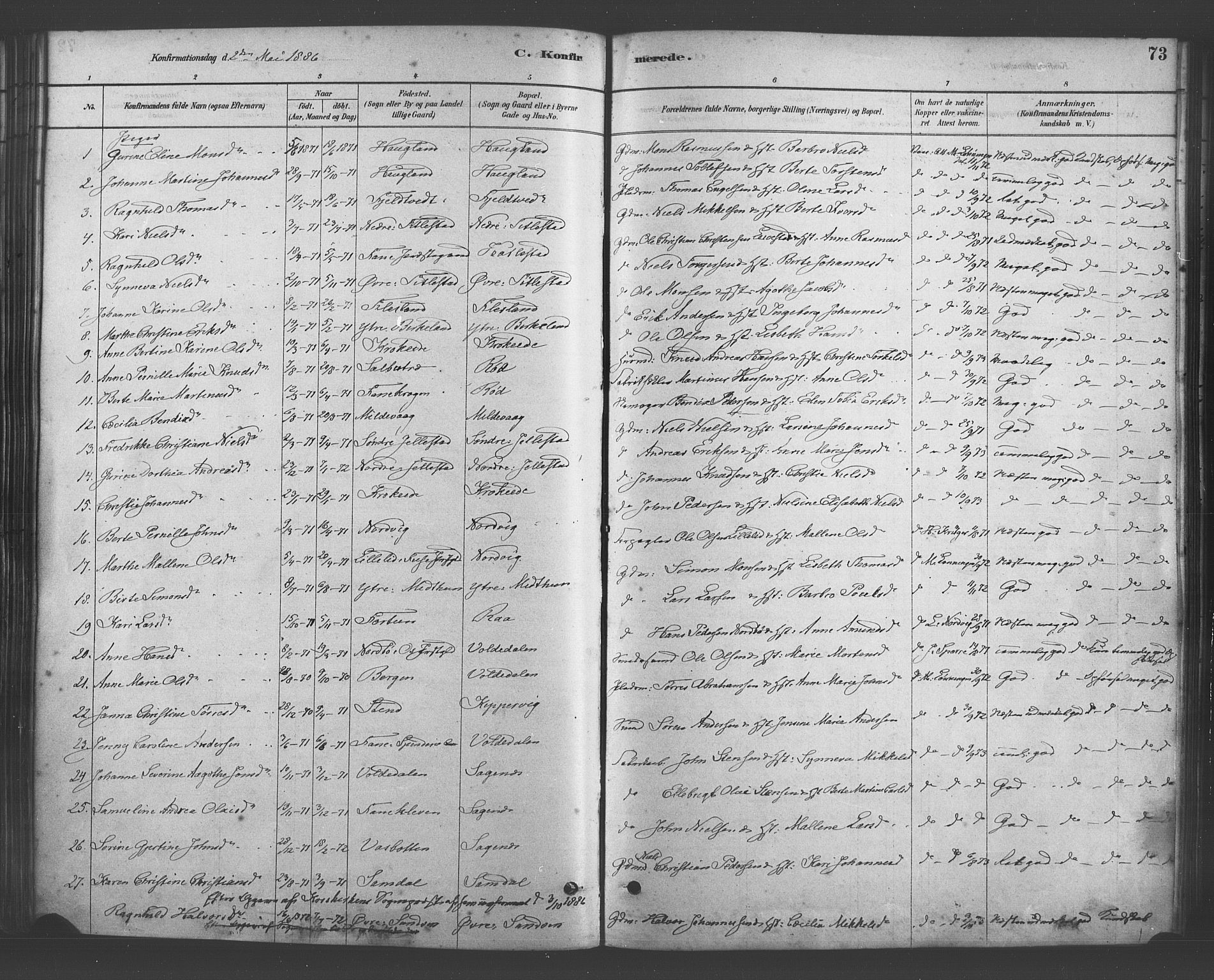 Fana Sokneprestembete, SAB/A-75101/H/Haa/Haab/L0001: Parish register (official) no. B 1, 1878-1889, p. 73