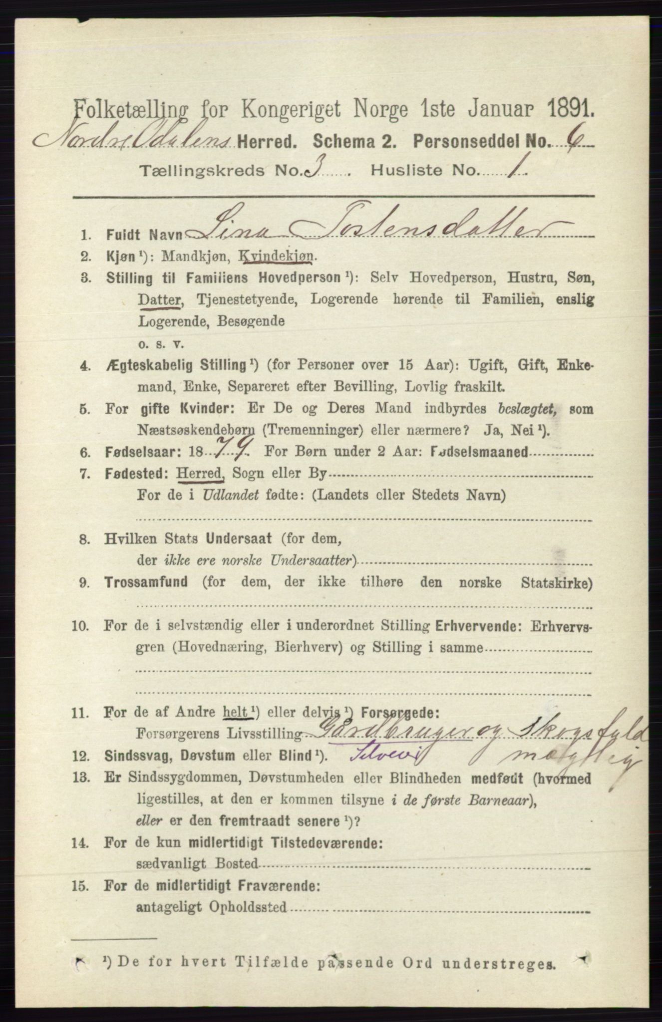 RA, 1891 census for 0418 Nord-Odal, 1891, p. 824