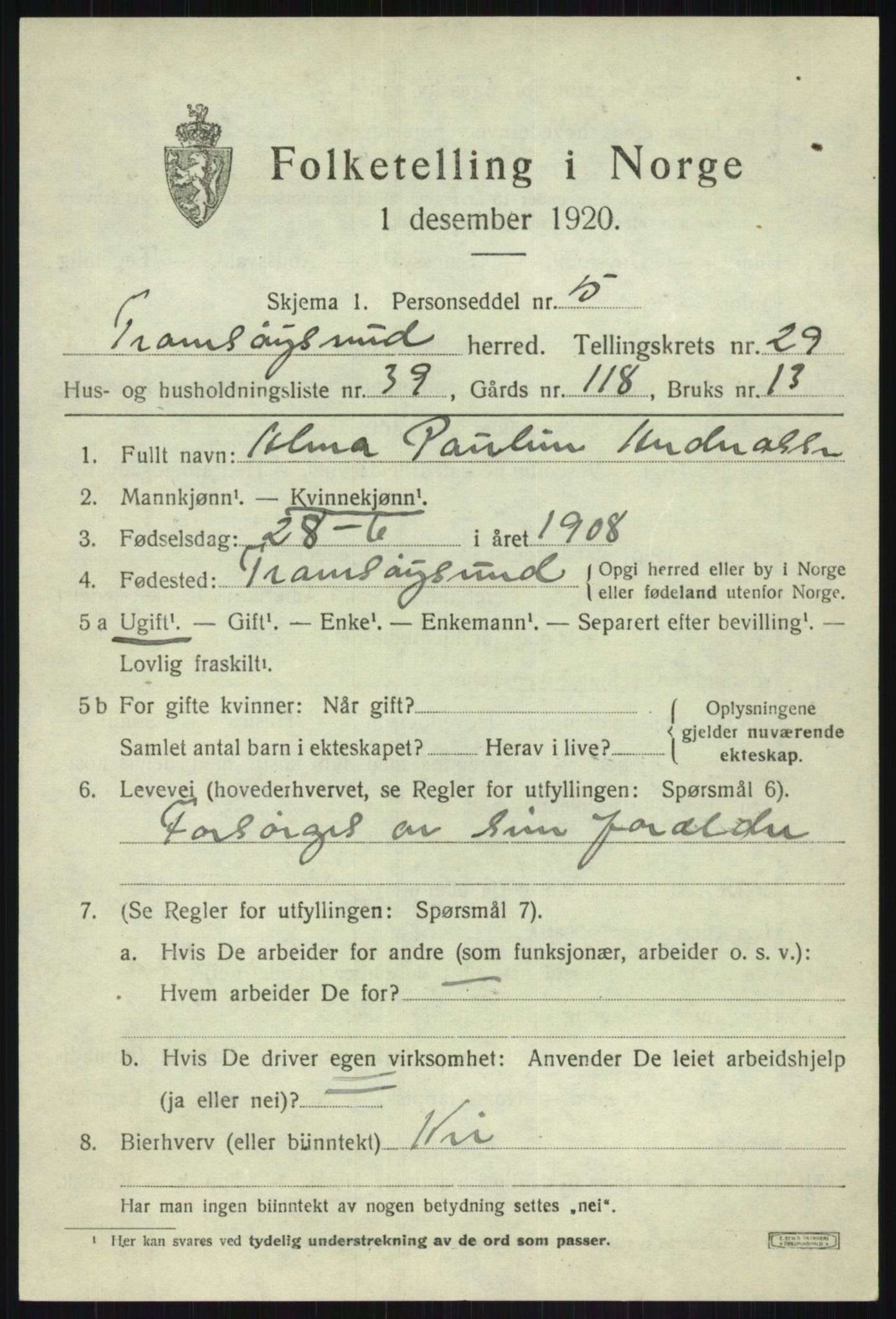 SATØ, 1920 census for Tromsøysund, 1920, p. 13824