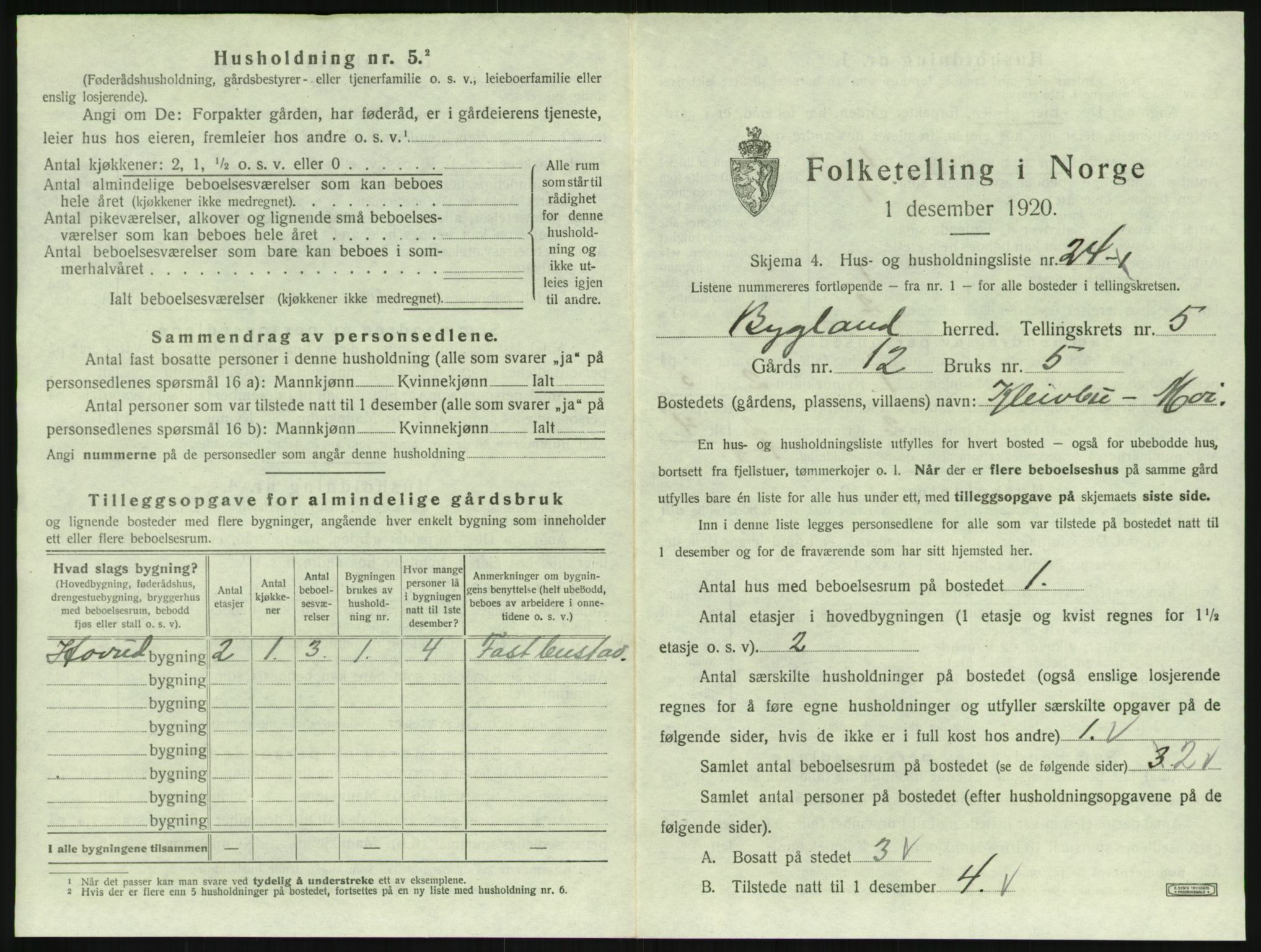 SAK, 1920 census for Bygland, 1920, p. 273