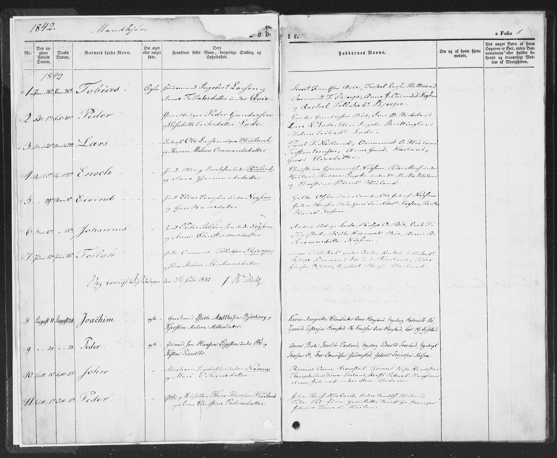 Hå sokneprestkontor, AV/SAST-A-101801/001/30BA/L0006: Parish register (official) no. A 5, 1842-1853, p. 1