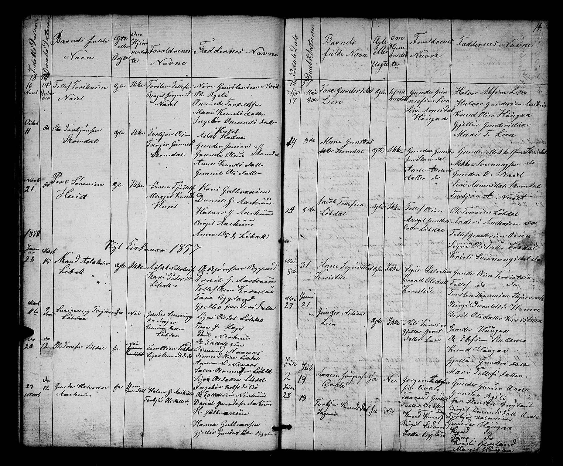 Bygland sokneprestkontor, SAK/1111-0006/F/Fb/Fbb/L0002: Parish register (copy) no. B 2, 1848-1886, p. 14