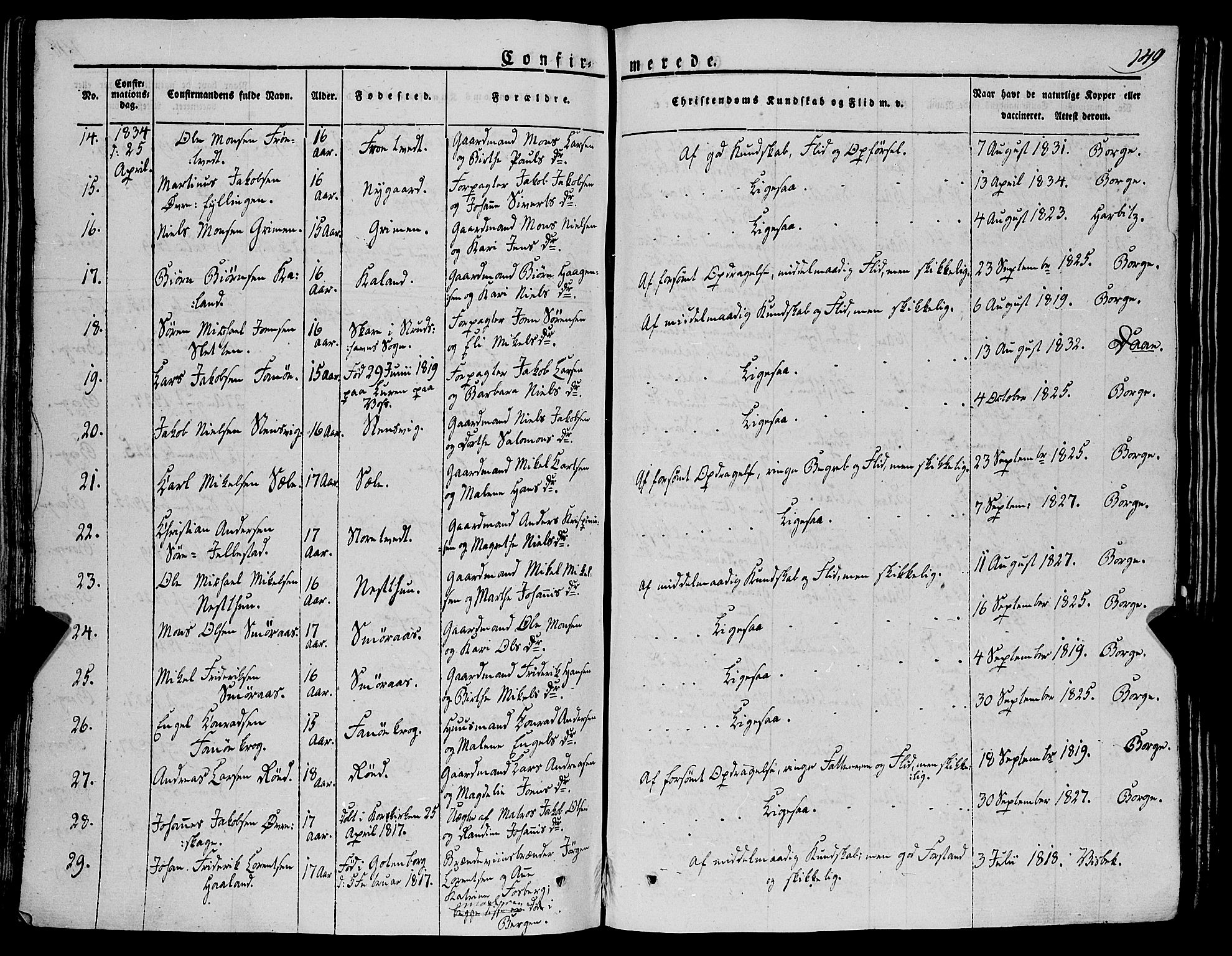 Fana Sokneprestembete, AV/SAB-A-75101/H/Haa/Haaa/L0008: Parish register (official) no. A 8, 1829-1851, p. 149