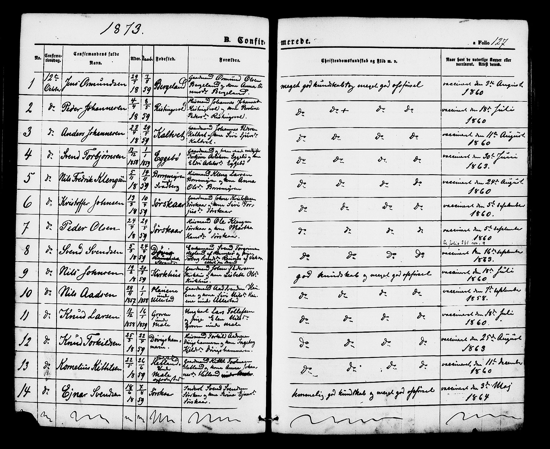 Hjelmeland sokneprestkontor, AV/SAST-A-101843/01/IV/L0012: Parish register (official) no. A 12, 1862-1886, p. 127