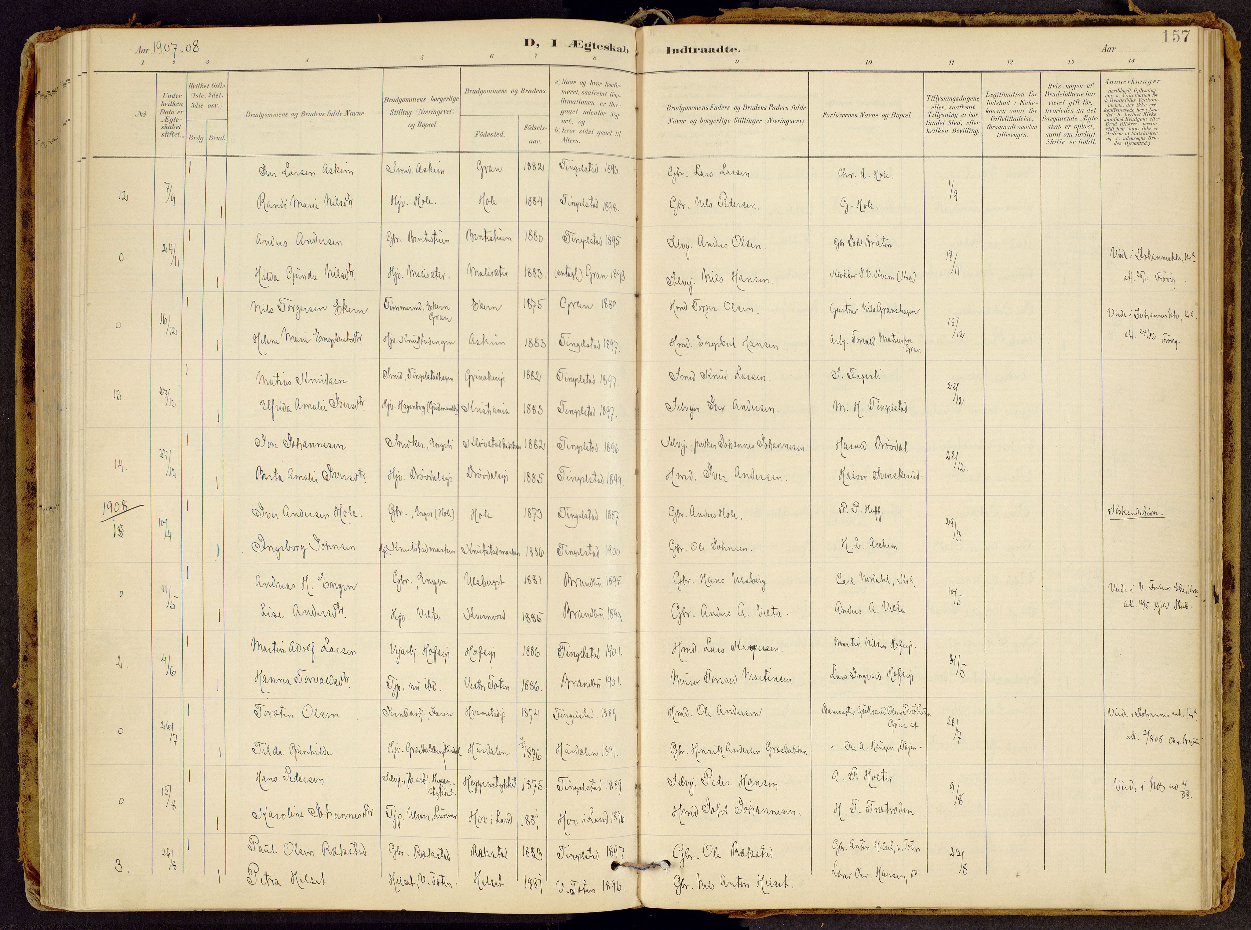 Brandbu prestekontor, SAH/PREST-114/H/Ha/Haa/L0002: Parish register (official) no. 2, 1899-1914, p. 157