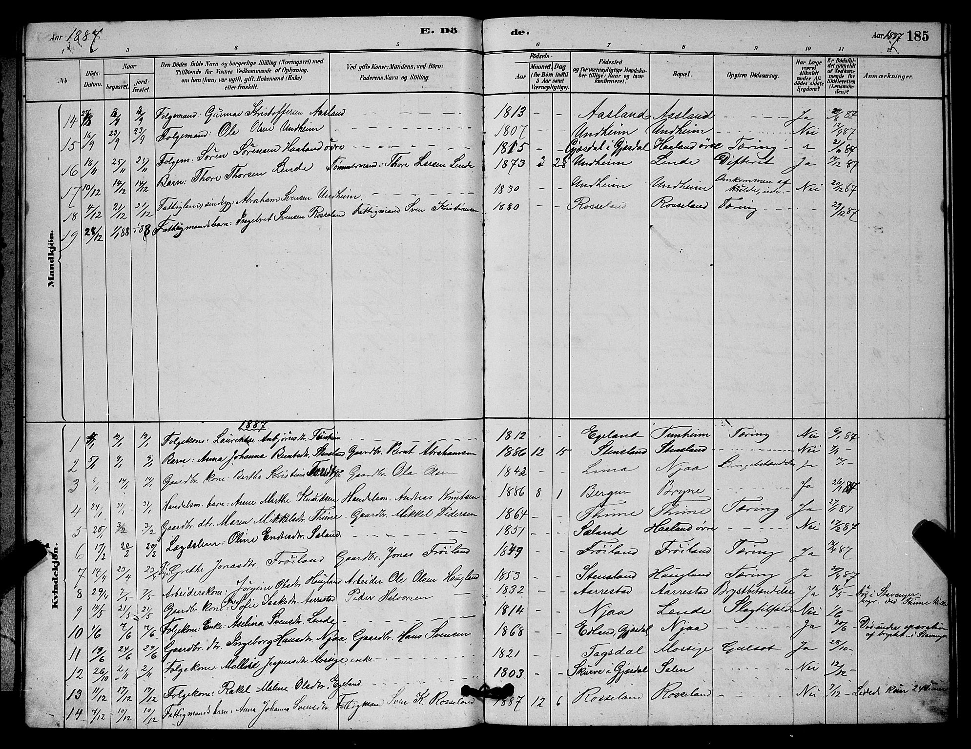 Lye sokneprestkontor, AV/SAST-A-101794/001/30BB/L0006: Parish register (copy) no. B 6, 1879-1888, p. 185