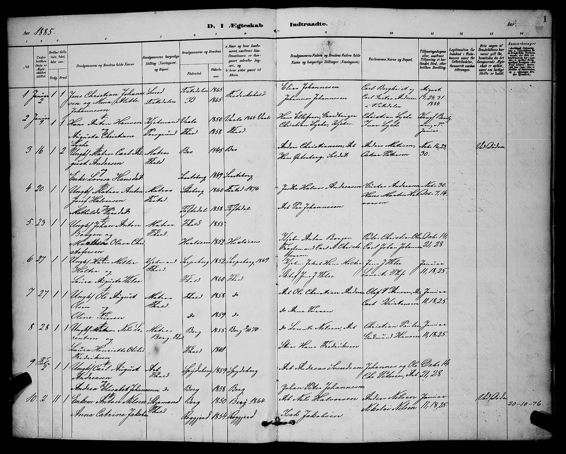 Halden prestekontor Kirkebøker, SAO/A-10909/G/Ga/L0009: Parish register (copy) no. 9, 1885-1908, p. 1