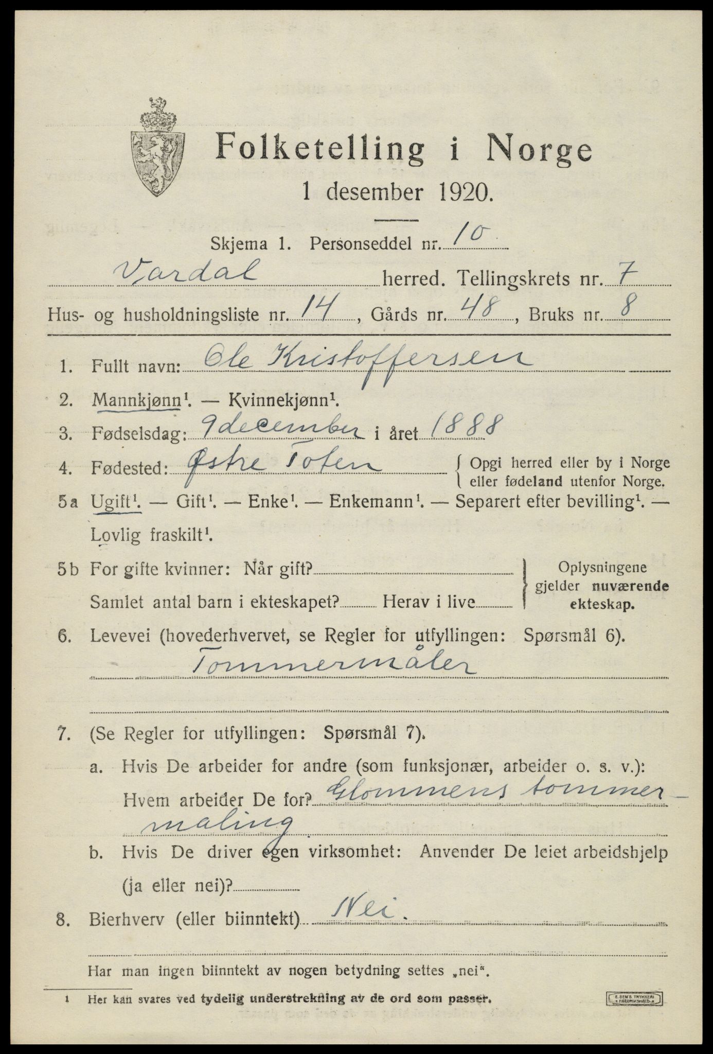 SAH, 1920 census for Vardal, 1920, p. 5057