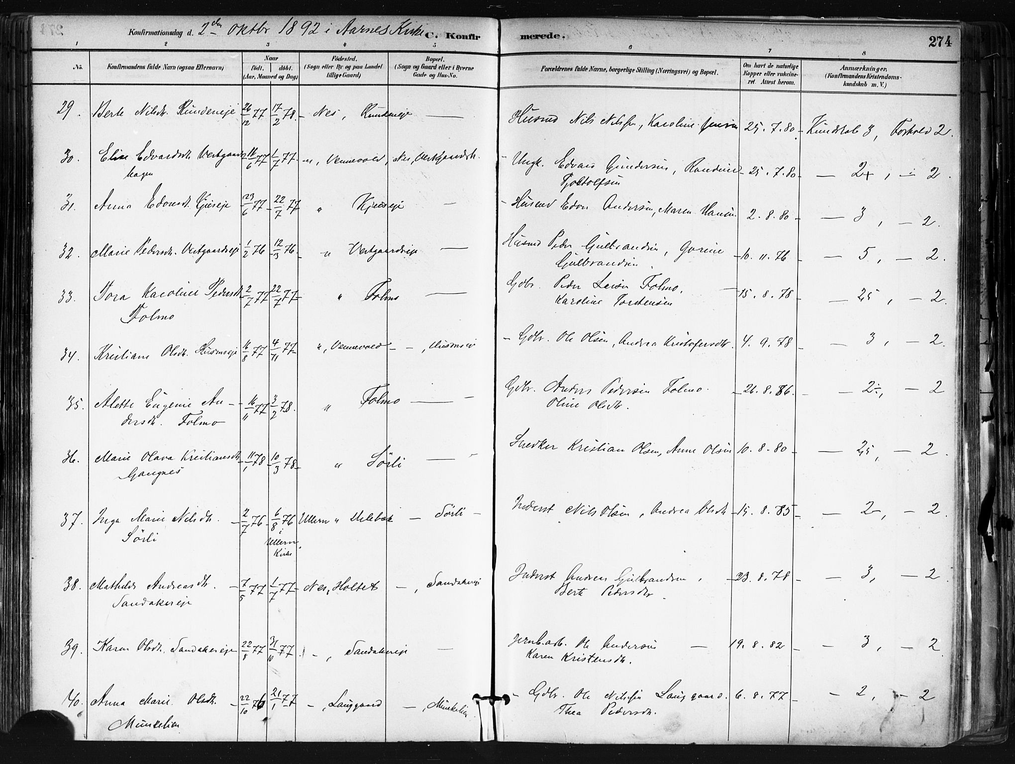 Nes prestekontor Kirkebøker, AV/SAO-A-10410/F/Fa/L0010: Parish register (official) no. I 10, 1883-1898, p. 274