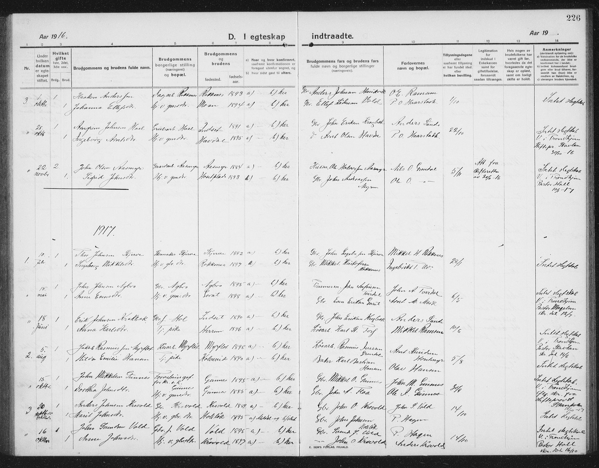 Ministerialprotokoller, klokkerbøker og fødselsregistre - Sør-Trøndelag, SAT/A-1456/674/L0877: Parish register (copy) no. 674C04, 1913-1940, p. 226