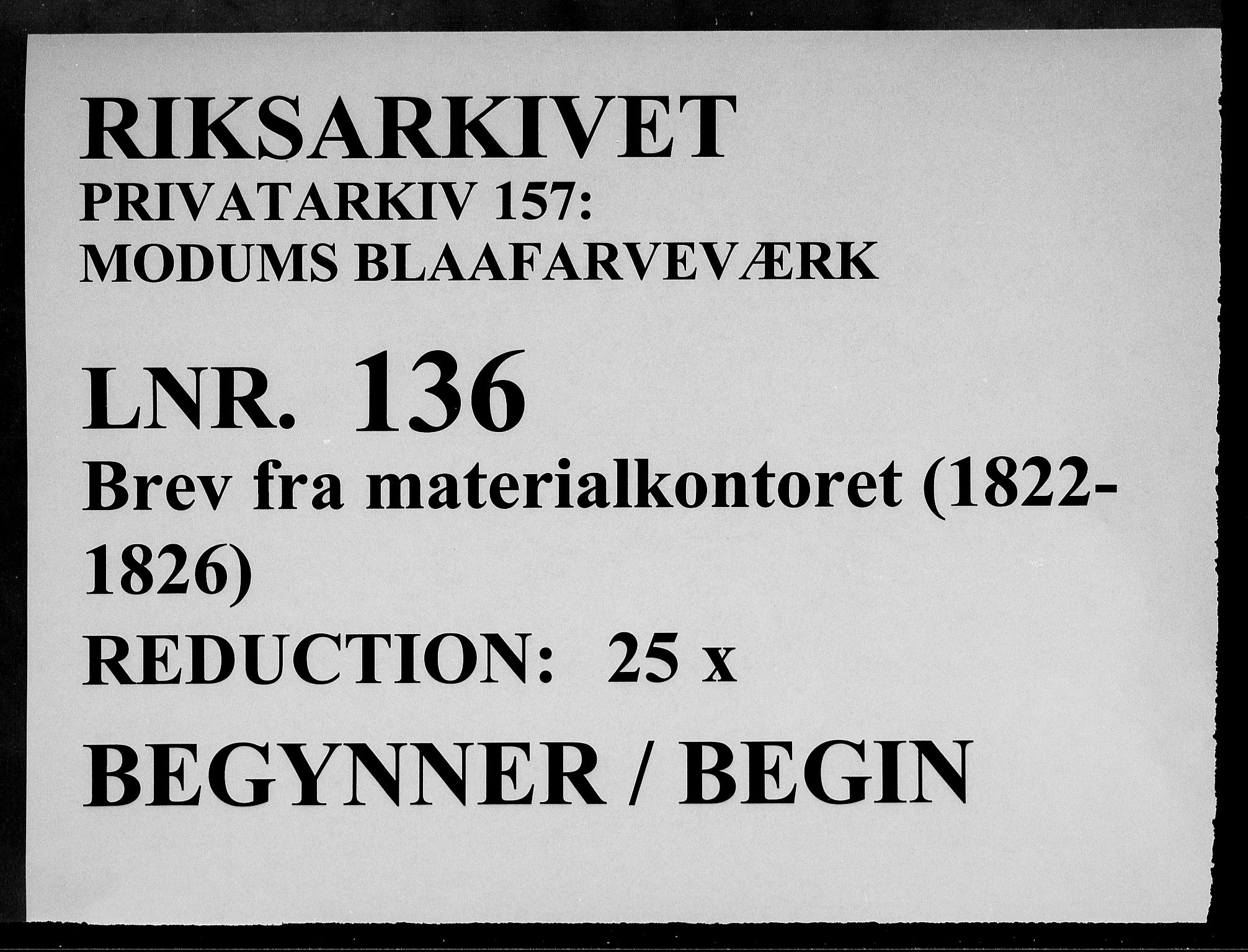 Modums Blaafarveværk, RA/PA-0157/G/Gb/L0136/0001: -- / Brev fra materialkontoret, 1822-1826, p. 1