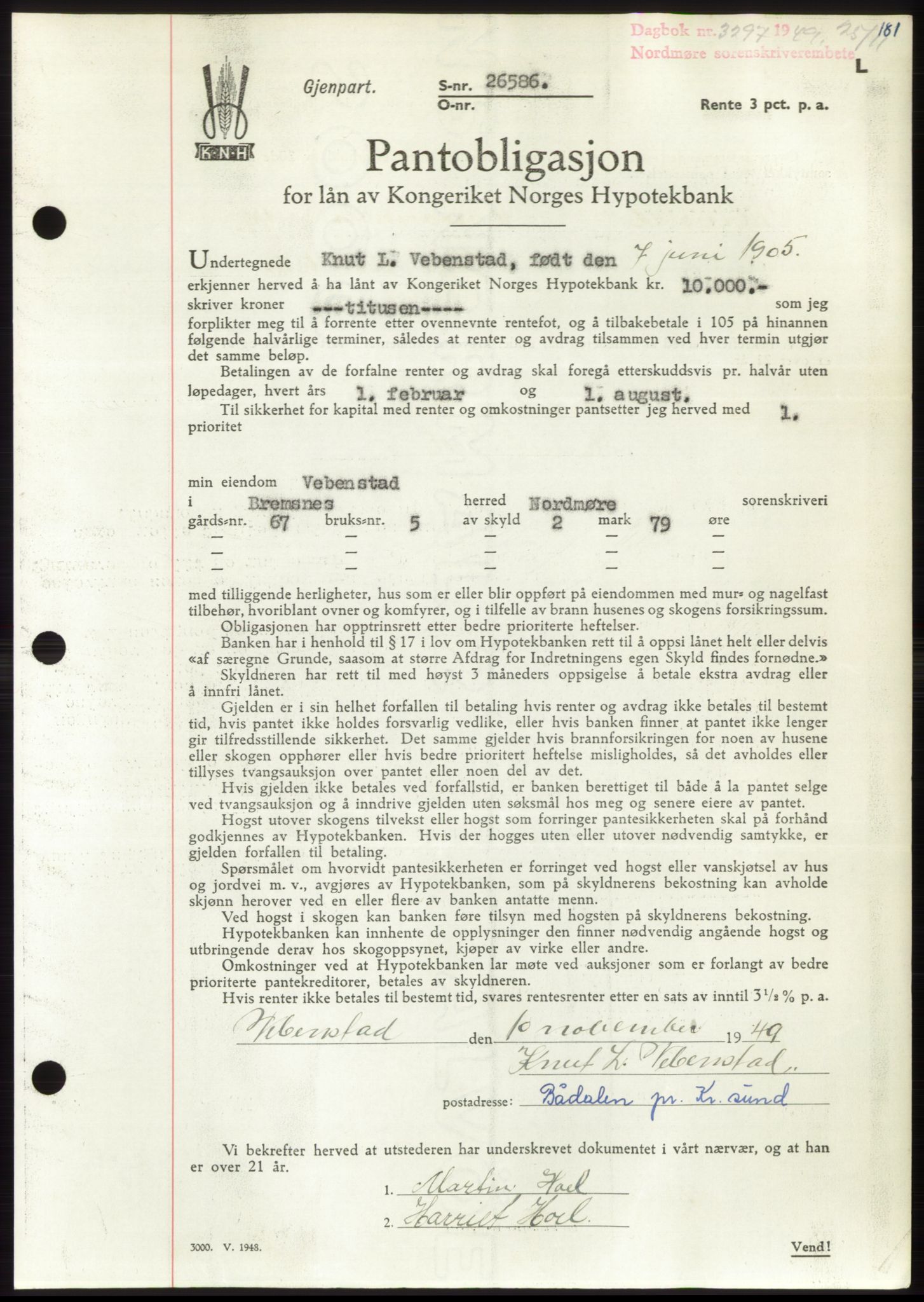 Nordmøre sorenskriveri, AV/SAT-A-4132/1/2/2Ca: Mortgage book no. B103, 1949-1950, Diary no: : 3297/1949