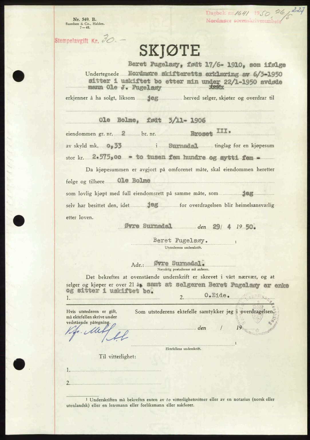 Nordmøre sorenskriveri, AV/SAT-A-4132/1/2/2Ca: Mortgage book no. A115, 1950-1950, Diary no: : 1641/1950