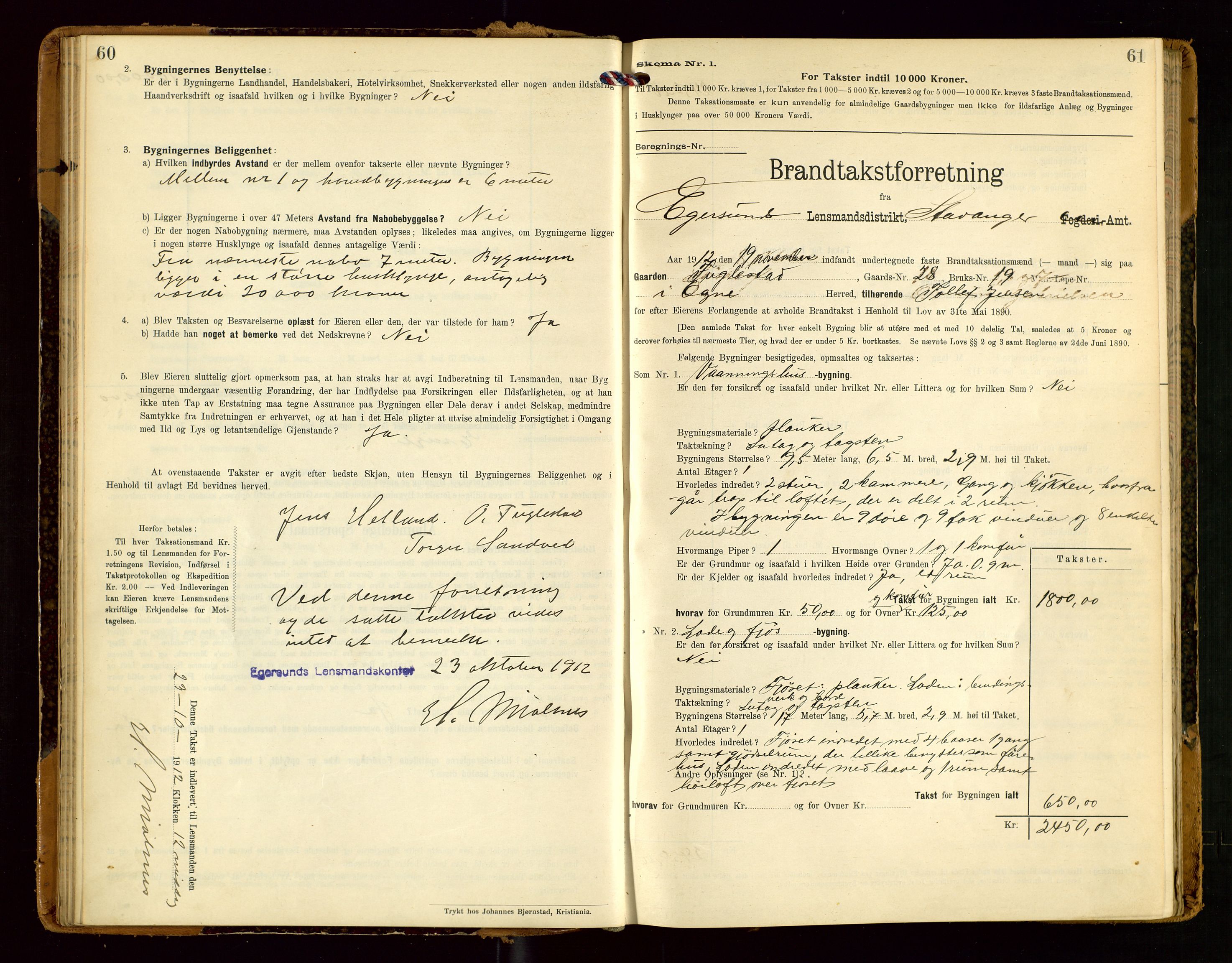 Eigersund lensmannskontor, SAST/A-100171/Gob/L0002: "Brandtakstprotokol", 1910-1916, p. 60-61