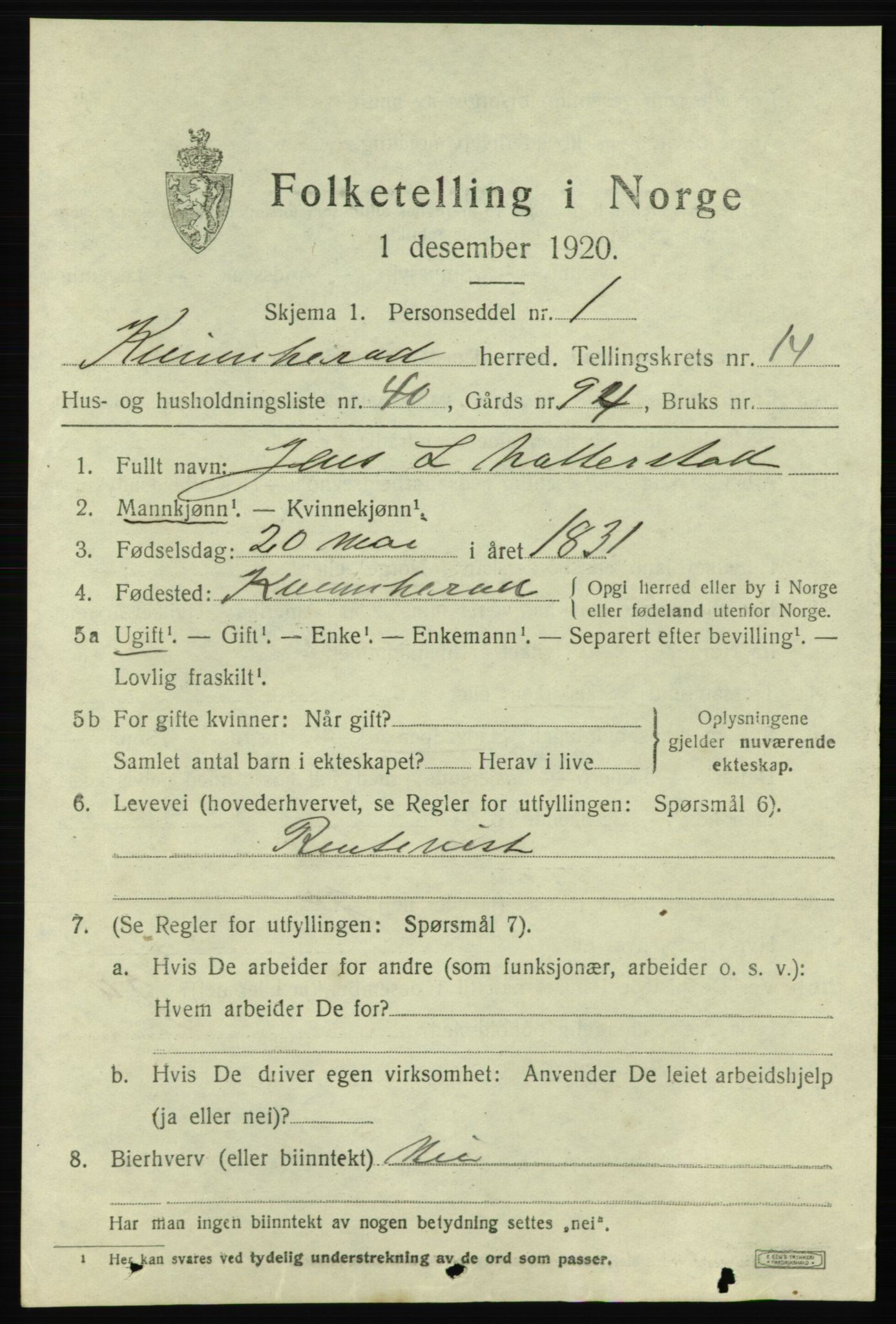 SAB, 1920 census for Kvinnherad, 1920, p. 9250