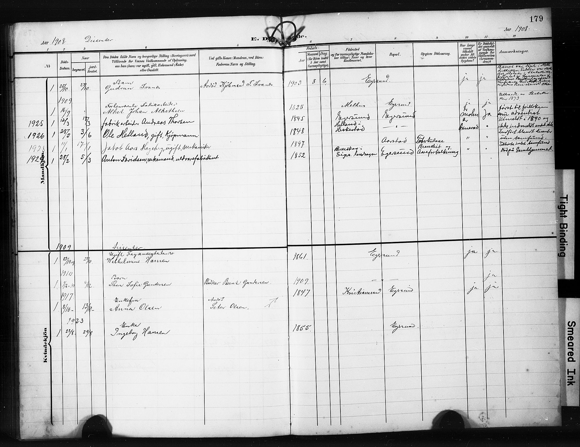 Eigersund sokneprestkontor, AV/SAST-A-101807/001/30/30BB/L0012: Parish register (copy) no. B 12, 1908-1930, p. 179