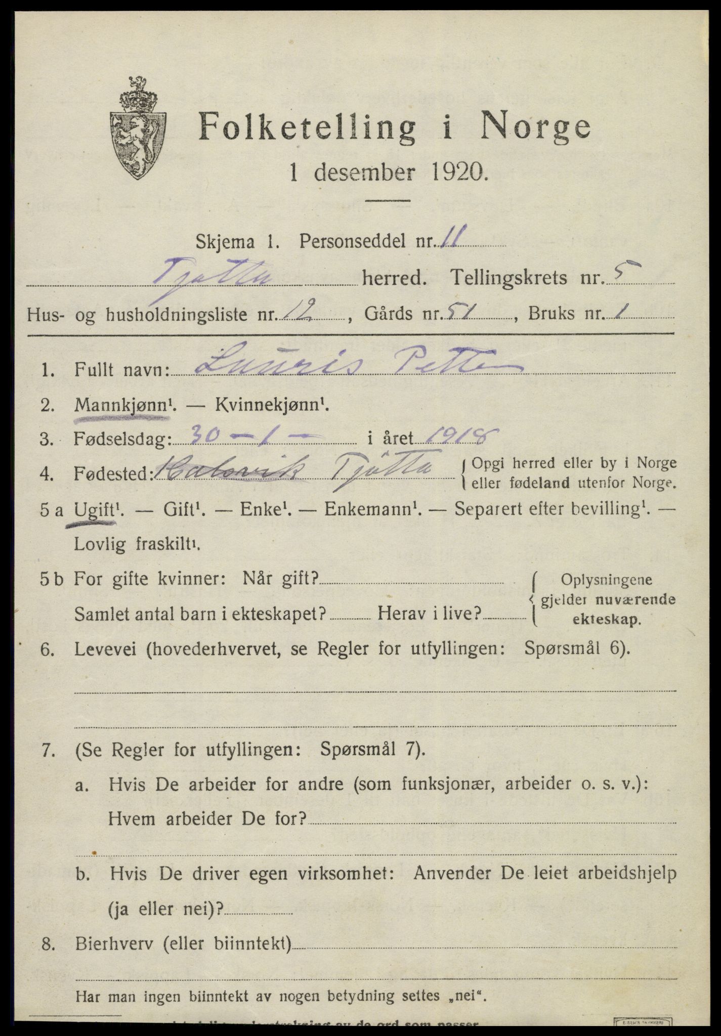 SAT, 1920 census for Tjøtta, 1920, p. 2157