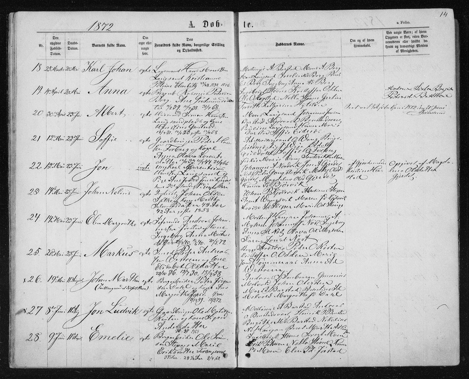 Ministerialprotokoller, klokkerbøker og fødselsregistre - Nord-Trøndelag, SAT/A-1458/722/L0219: Parish register (official) no. 722A06, 1868-1880, p. 14