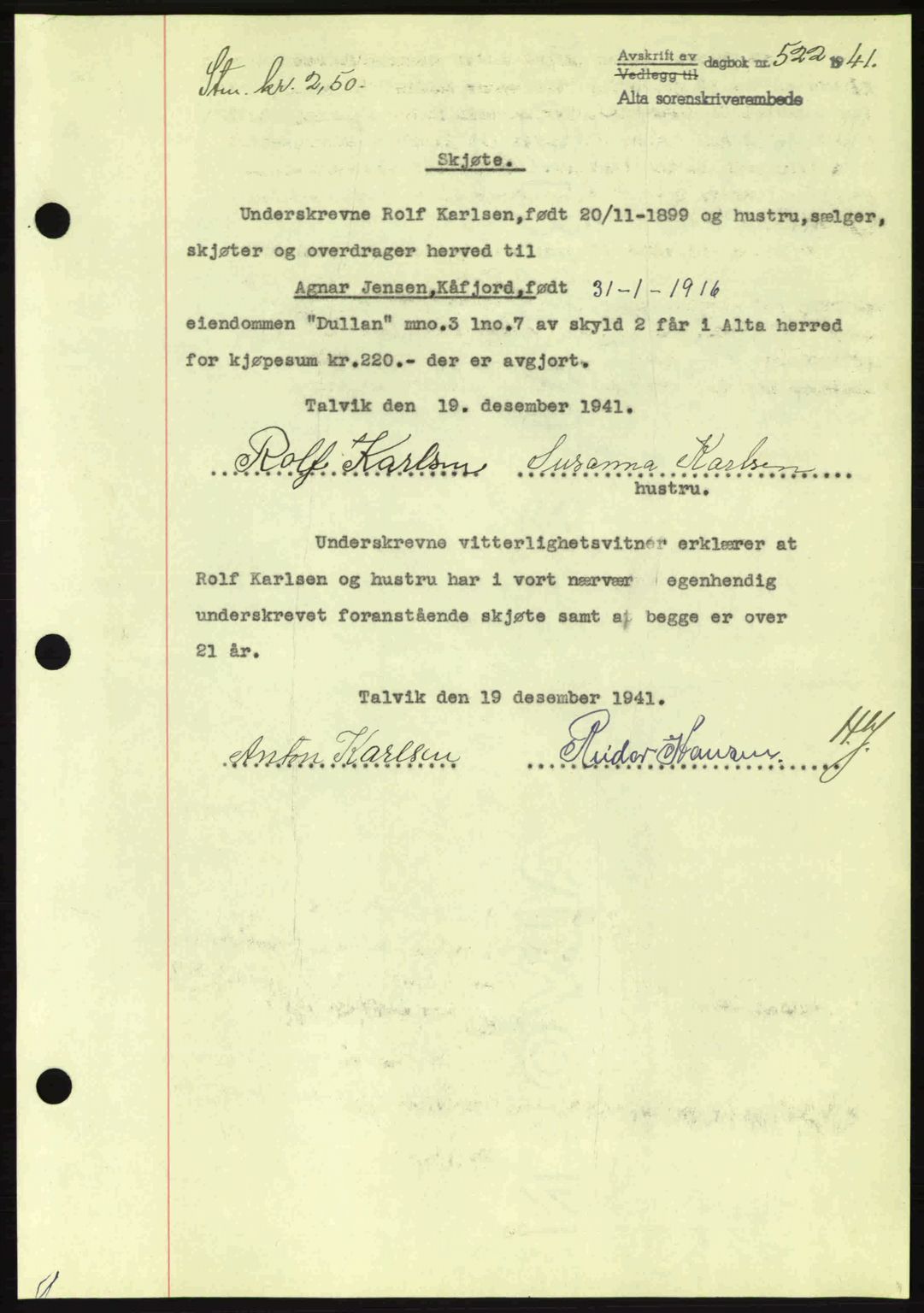 Alta fogderi/sorenskriveri, SATØ/SATØ-5/1/K/Kd/L0033pantebok: Mortgage book no. 33, 1940-1943, Diary no: : 522/1941