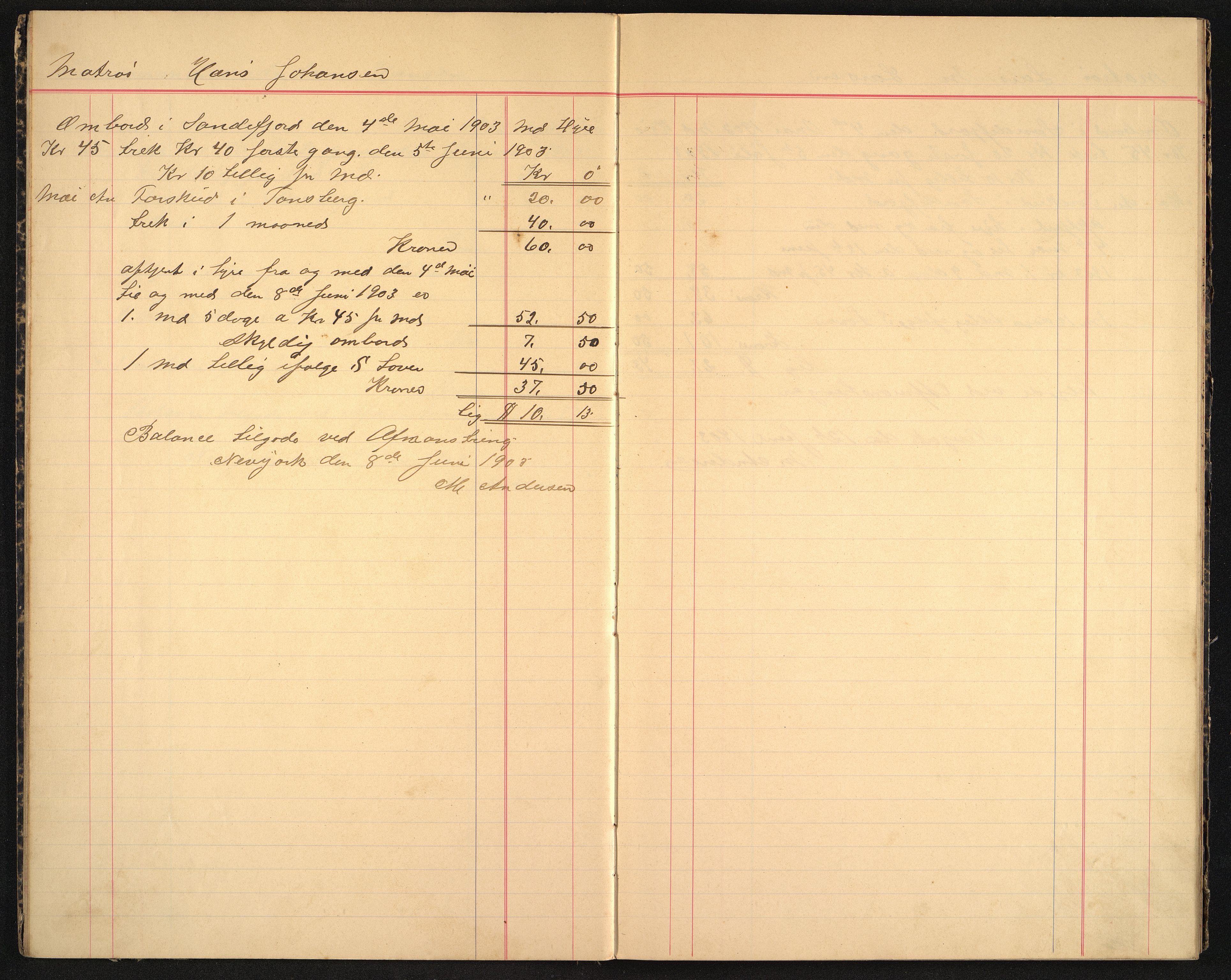Andersen, M. Kaptein, VEMU/VFA-A-1140/R/L0005: Regnskapsjournal - mannskapsavregninger, 1903-1905