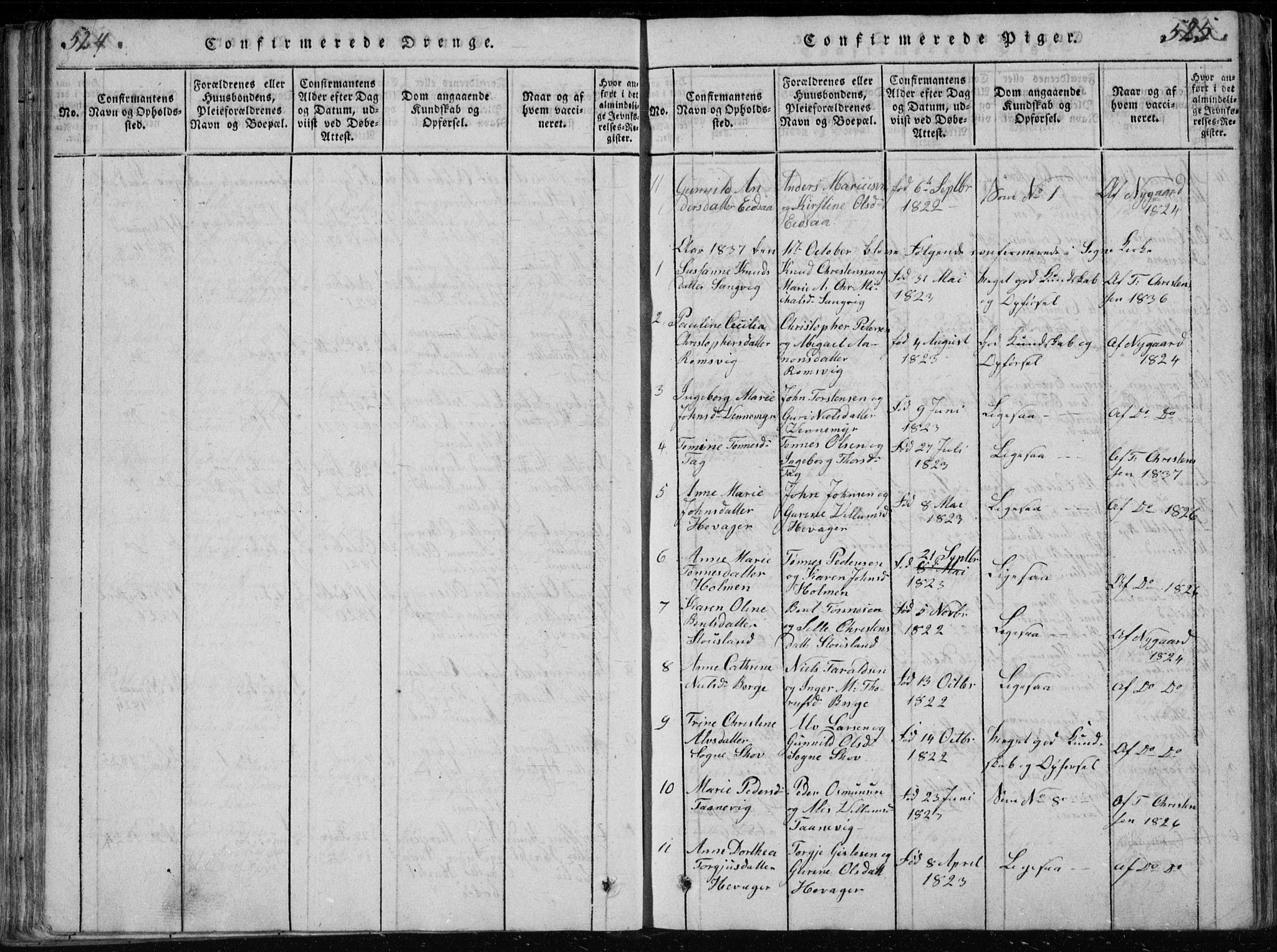 Søgne sokneprestkontor, SAK/1111-0037/F/Fb/Fbb/L0002: Parish register (copy) no. B 2, 1821-1838, p. 524-525