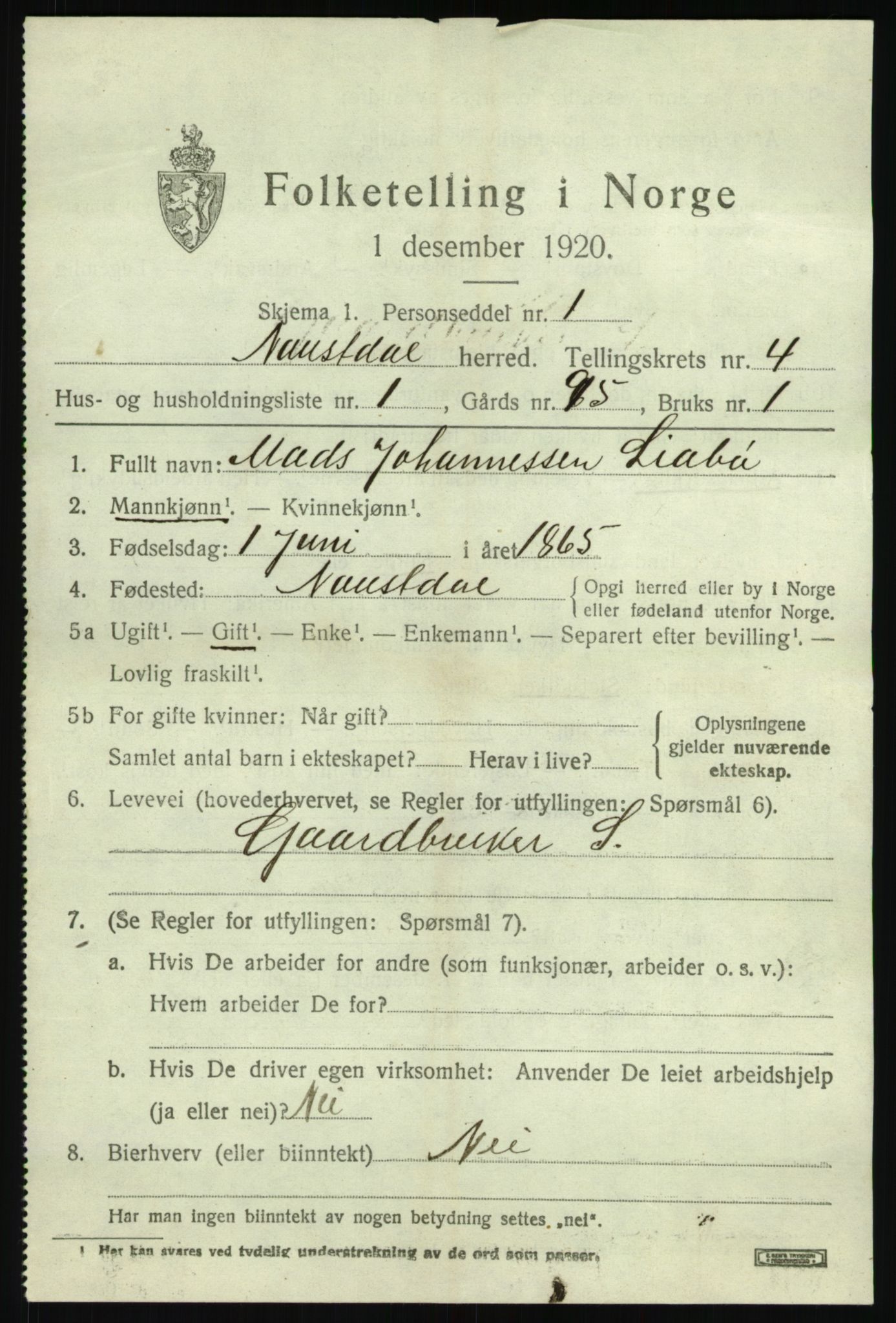 SAB, 1920 census for Naustdal, 1920, p. 2351