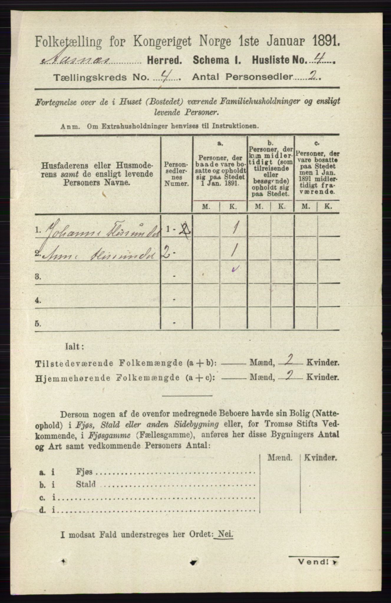 RA, 1891 census for 0425 Åsnes, 1891, p. 1546