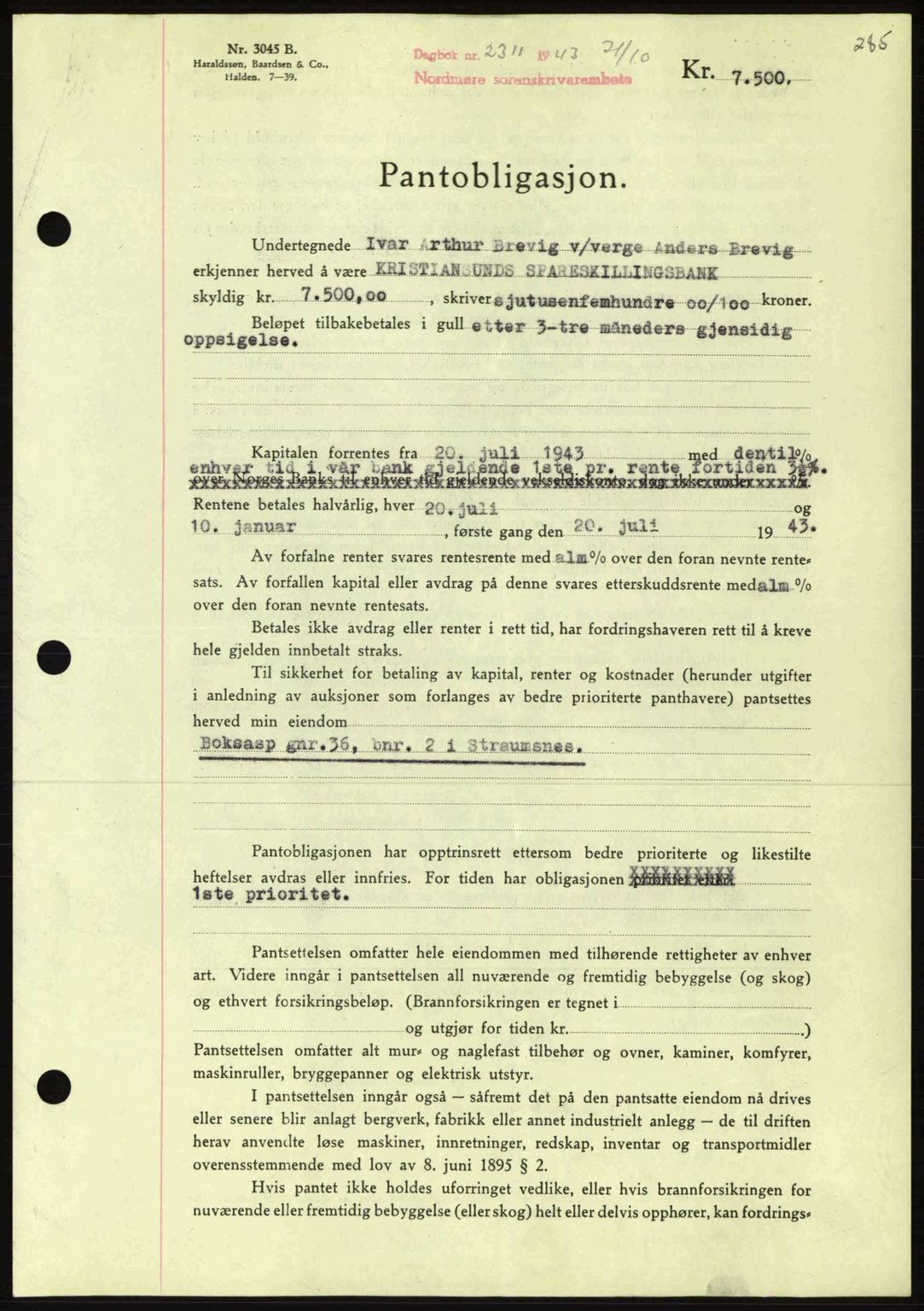 Nordmøre sorenskriveri, AV/SAT-A-4132/1/2/2Ca: Mortgage book no. B91, 1943-1944, Diary no: : 2311/1943