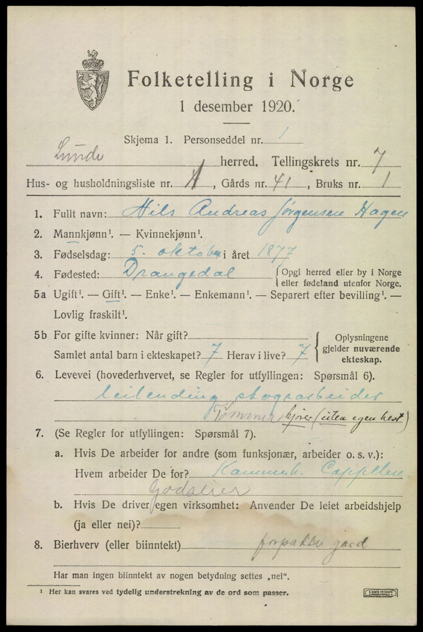 SAKO, 1920 census for Lunde, 1920, p. 4833