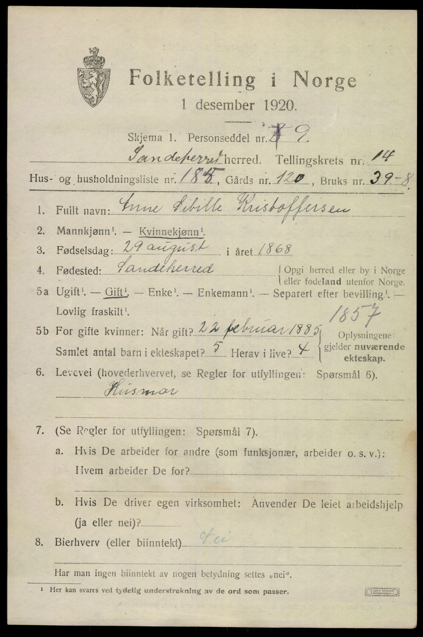 SAKO, 1920 census for Sandeherred, 1920, p. 22946