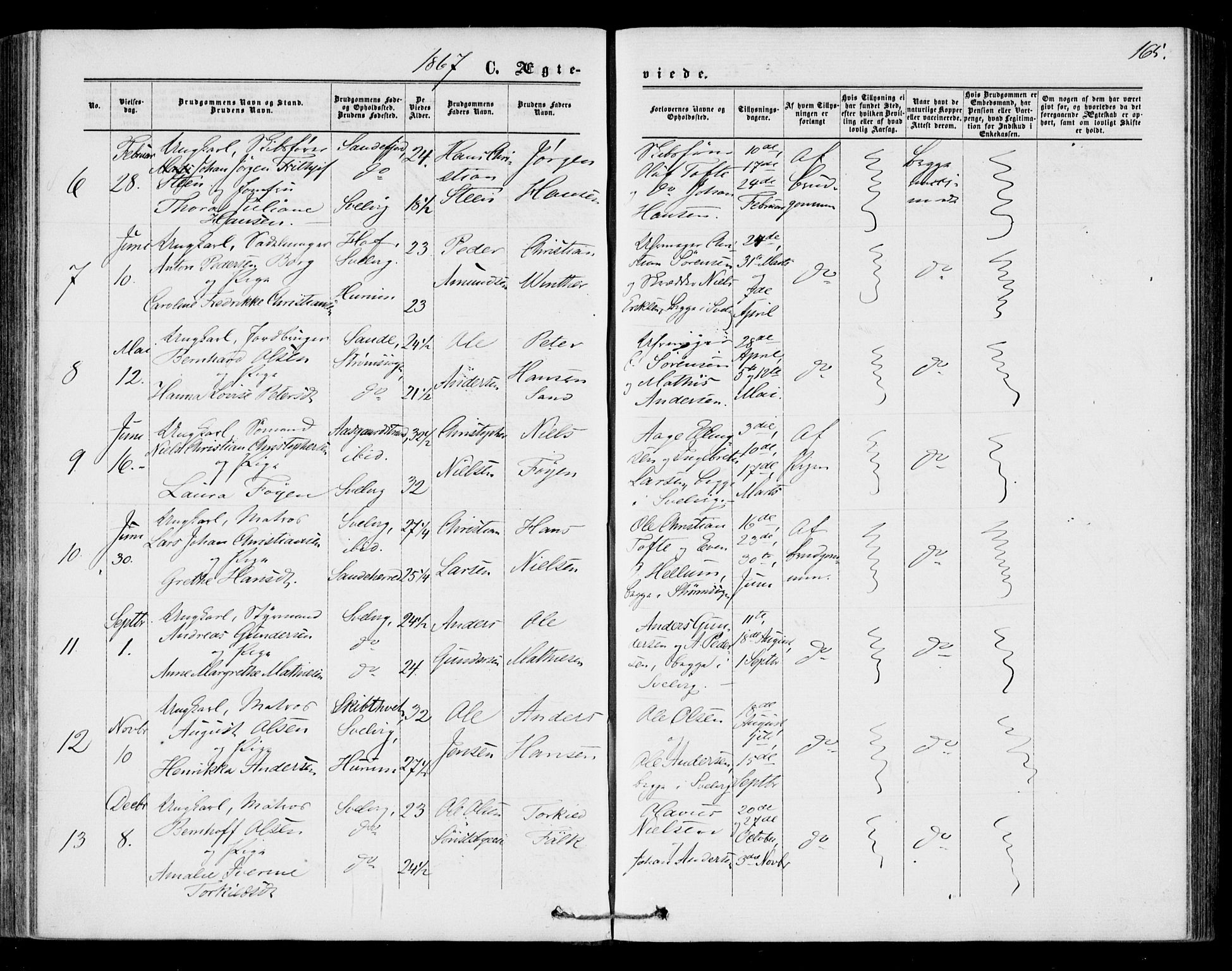 Strømm kirkebøker, AV/SAKO-A-322/F/Fa/L0001: Parish register (official) no. I 1, 1861-1869, p. 165